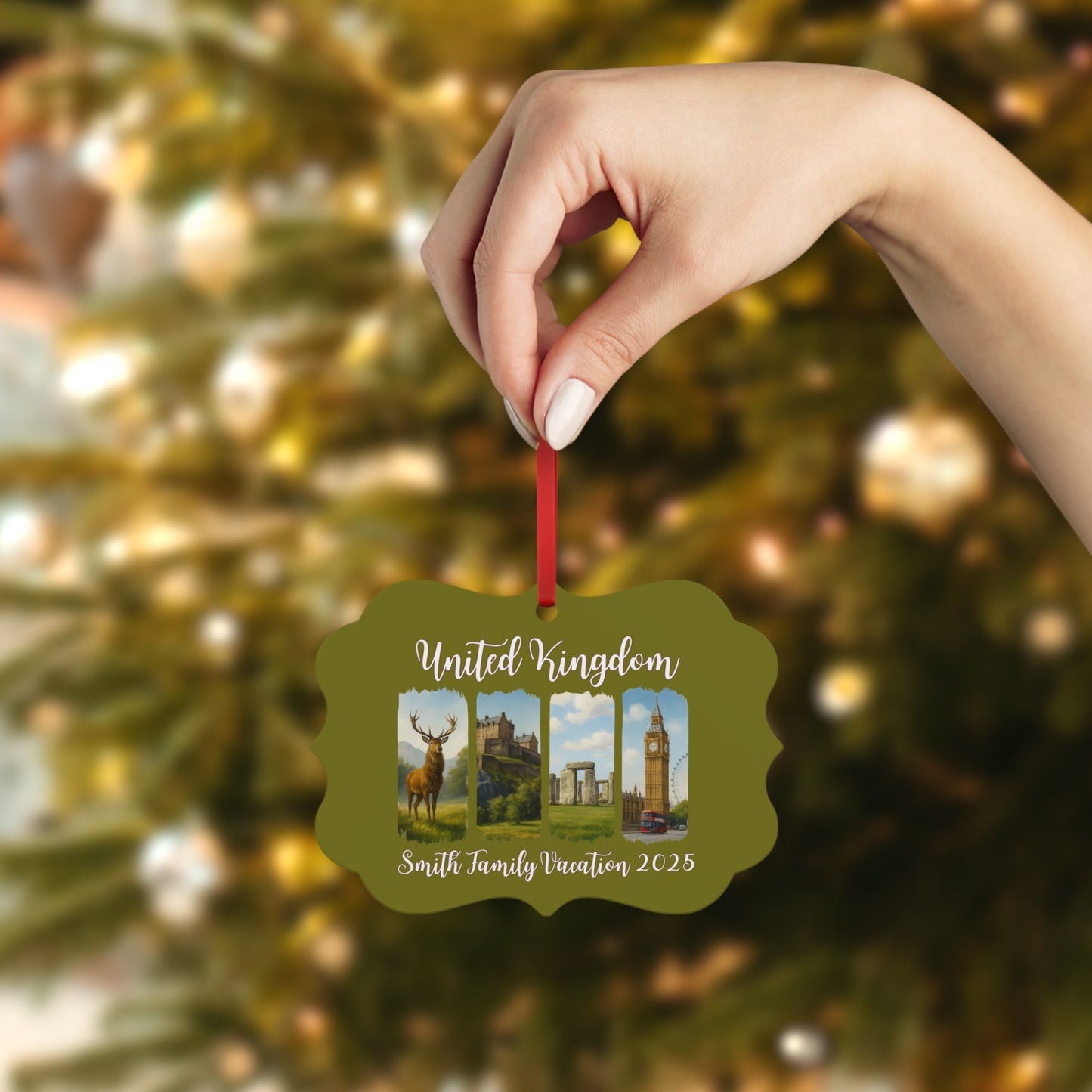 Customized Metal Plaque Ornament, Family Vacation Keepsake, Holiday Decor, United Kingdom Theme, Personalized Gift