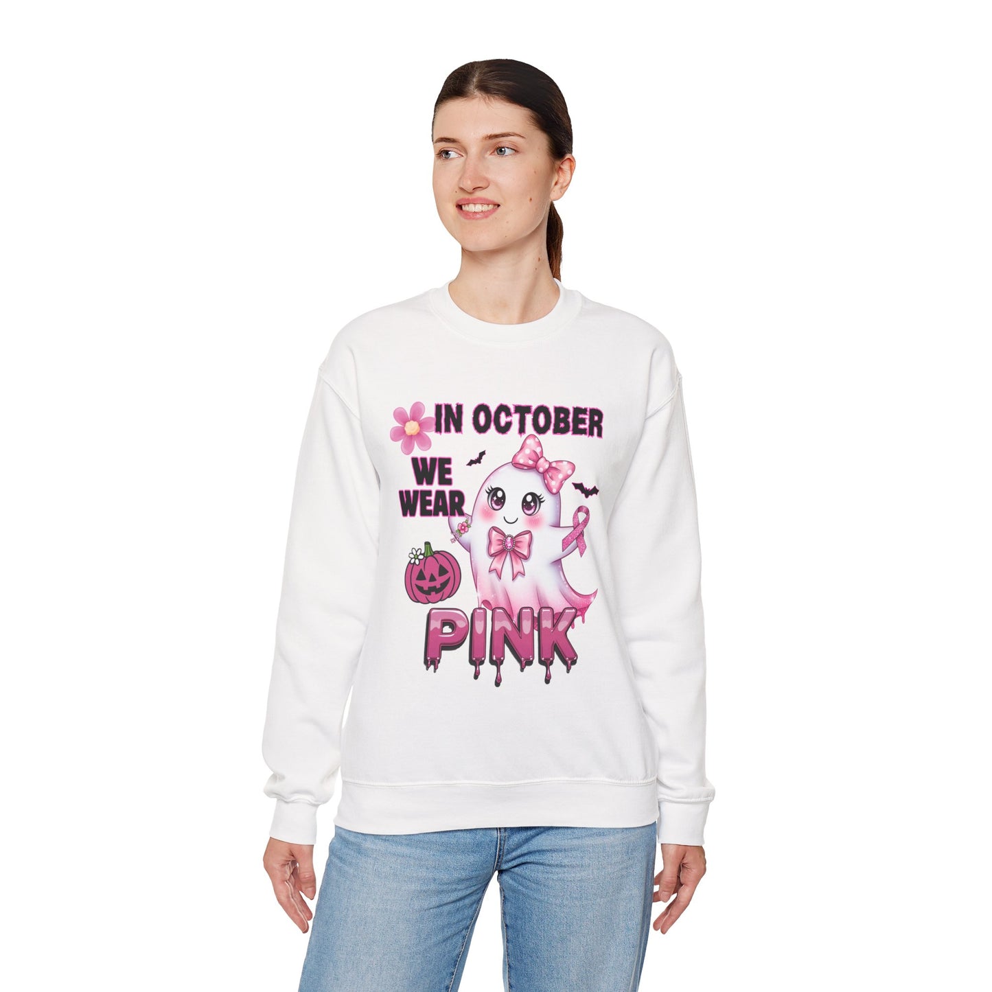 In October We Wear Pink Ghost Sweatshirt Breast Cancer Awareness Halloween Sweater Cute Kawaii Ribbon Gift Cozy Fall Crewneck Pullover