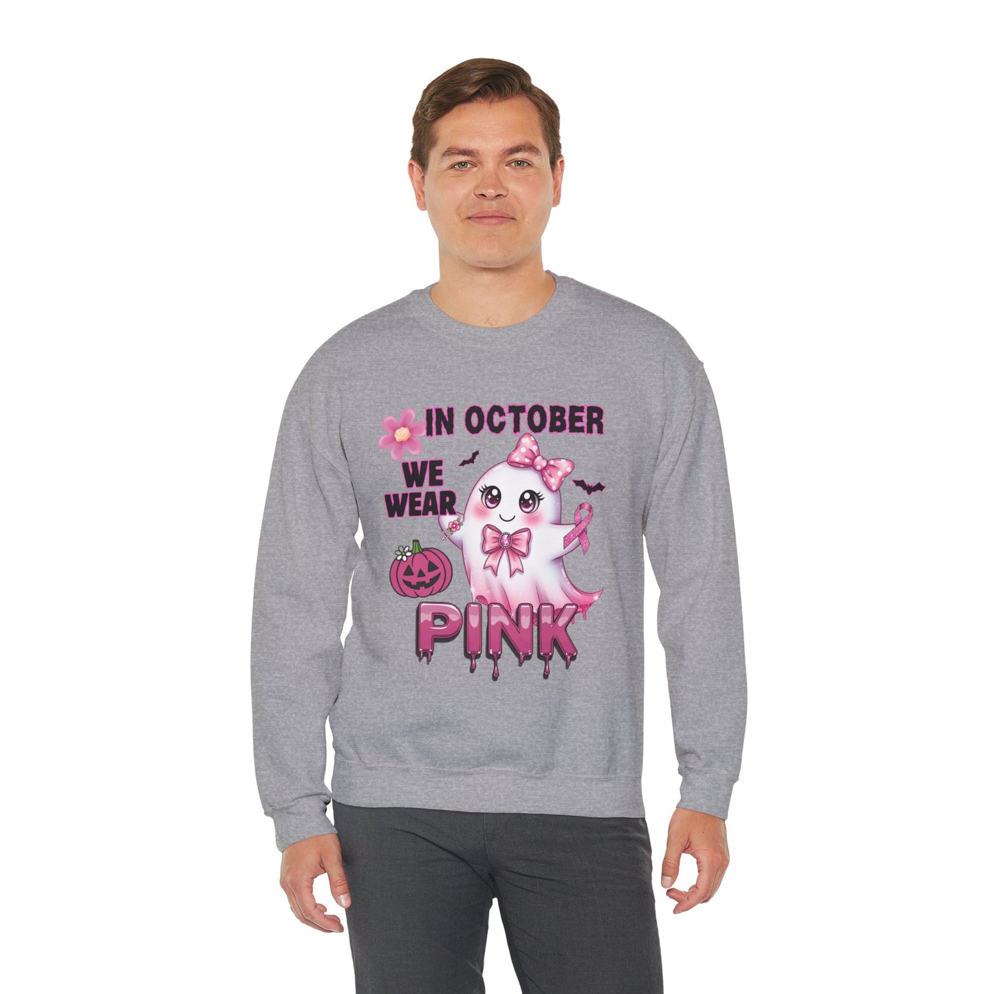 In October We Wear Pink Ghost Sweatshirt Breast Cancer Awareness Halloween Sweater Cute Kawaii Ribbon Gift Cozy Fall Crewneck Pullover