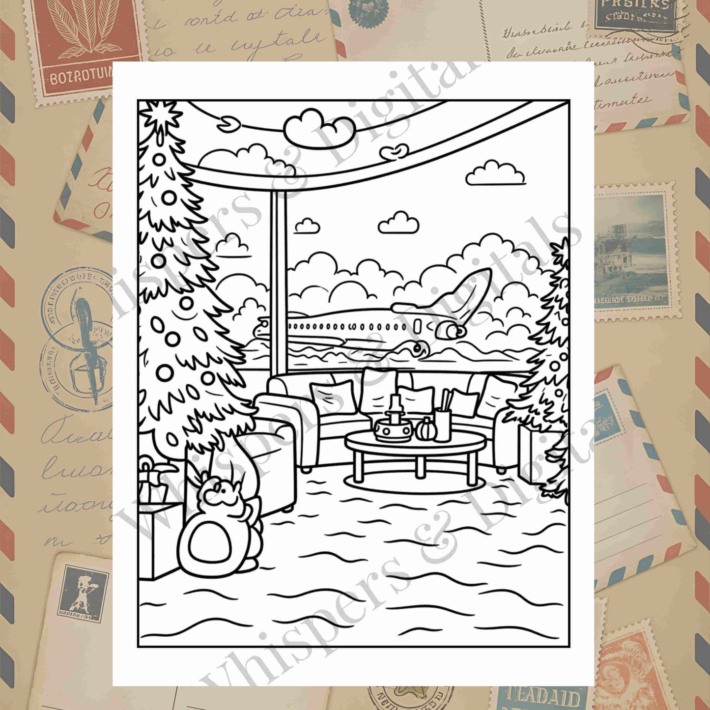 Five printable travel-themed coloring pages including Eiffel Tower, cruise ship, winter market, ornament, and cozy terrace scene — digital download mini-bundle