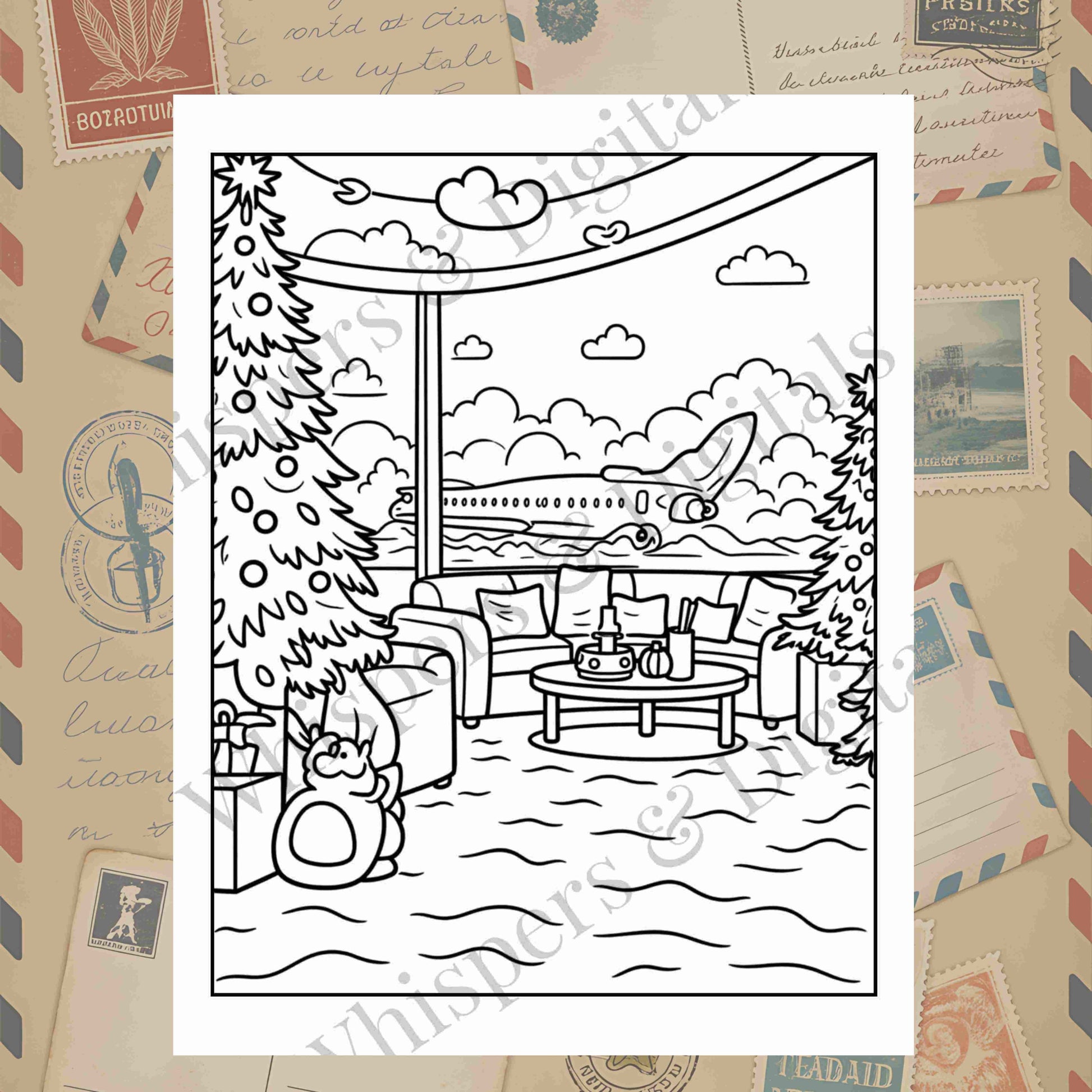 Five printable travel-themed coloring pages including Eiffel Tower, cruise ship, winter market, ornament, and cozy terrace scene — digital download mini-bundle