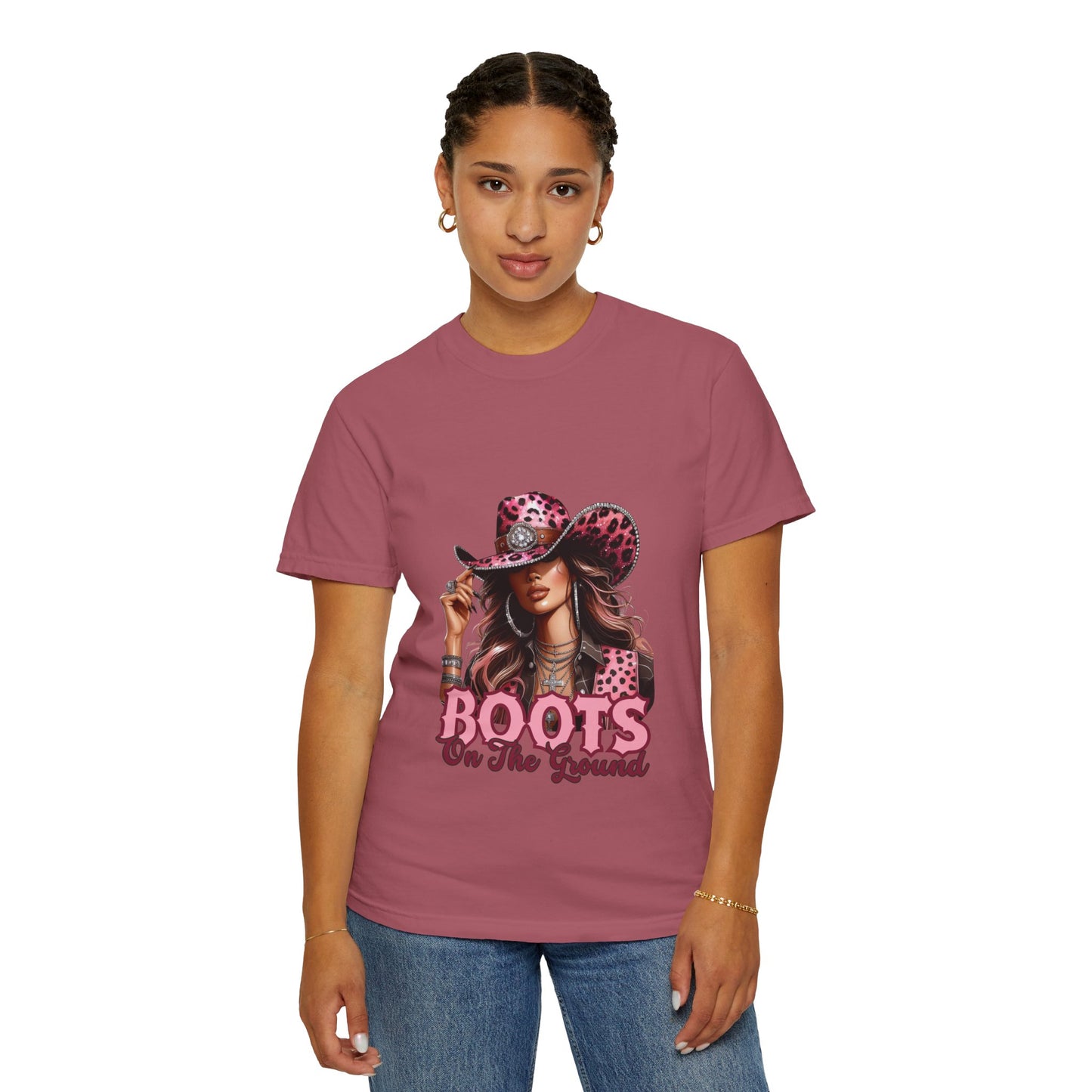 “Boots On The Ground” Pink Cowgirl Graphic T-Shirt – Western Leopard Print Rodeo Tee for Women