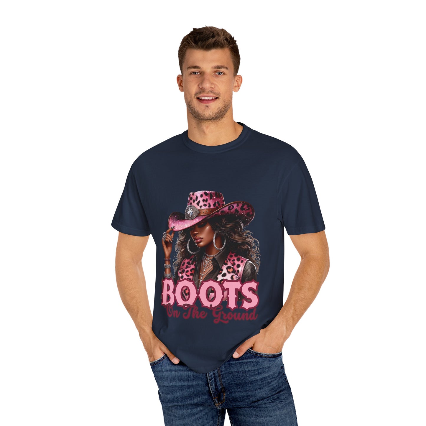 Pink Leopard Cowgirl T-Shirt – “Boots On The Ground” – Western Graphic Tee for Women