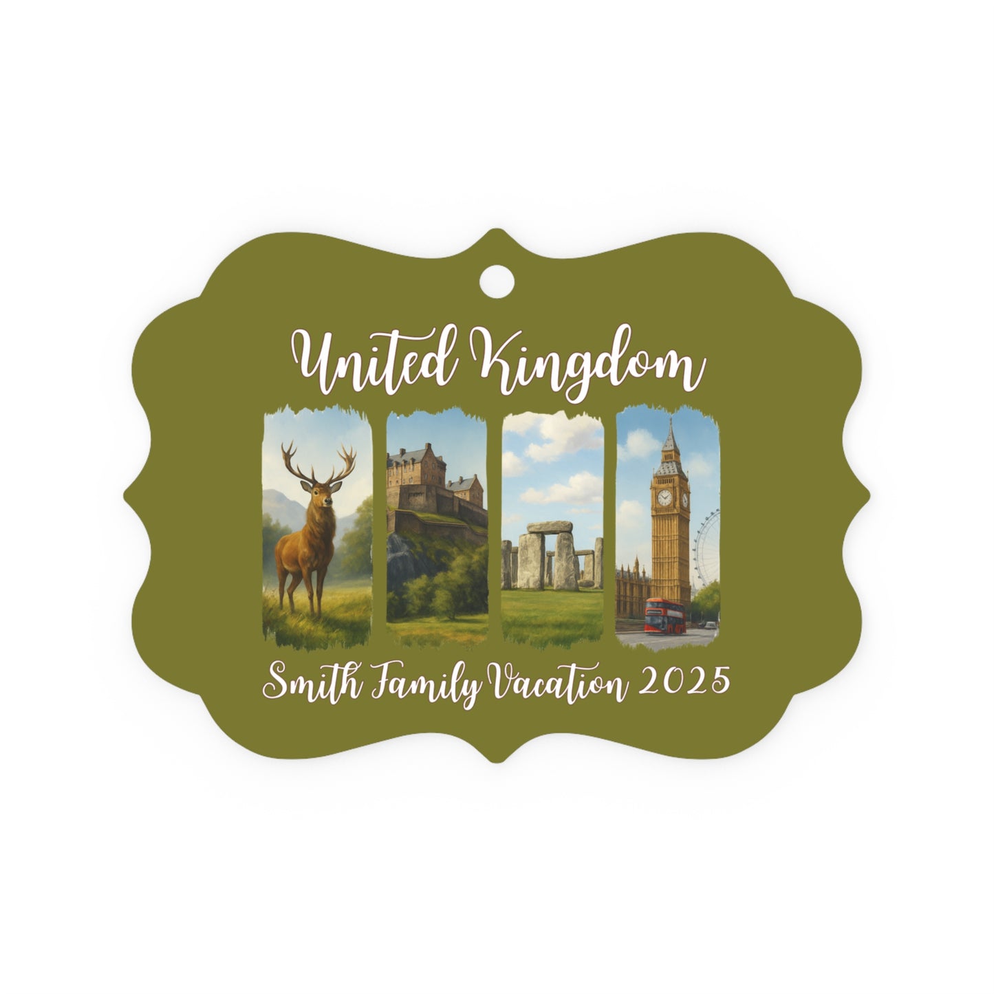 Customized Metal Plaque Ornament, Family Vacation Keepsake, Holiday Decor, United Kingdom Theme, Personalized Gift