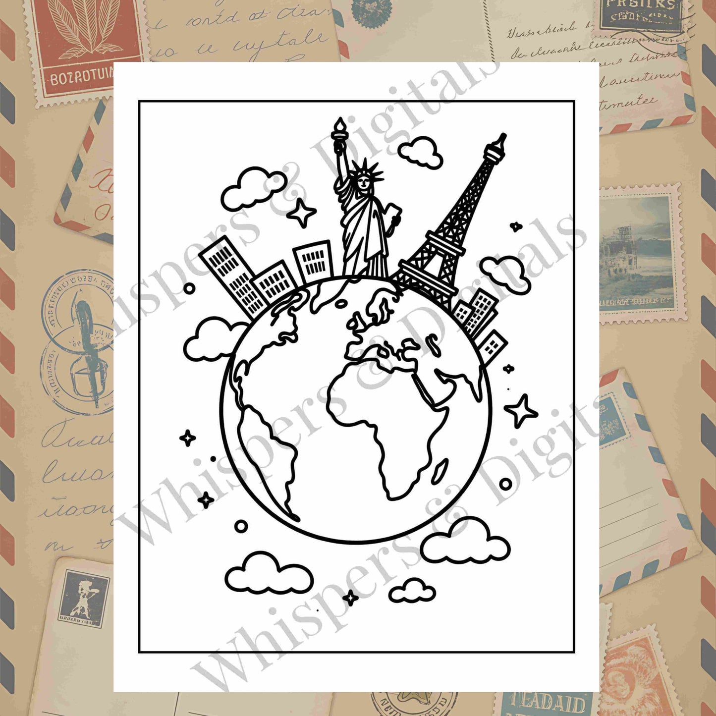 Ten printable travel icon and pattern coloring pages featuring airplanes, luggage, compasses, and travel doodles — digital download for travel lovers
