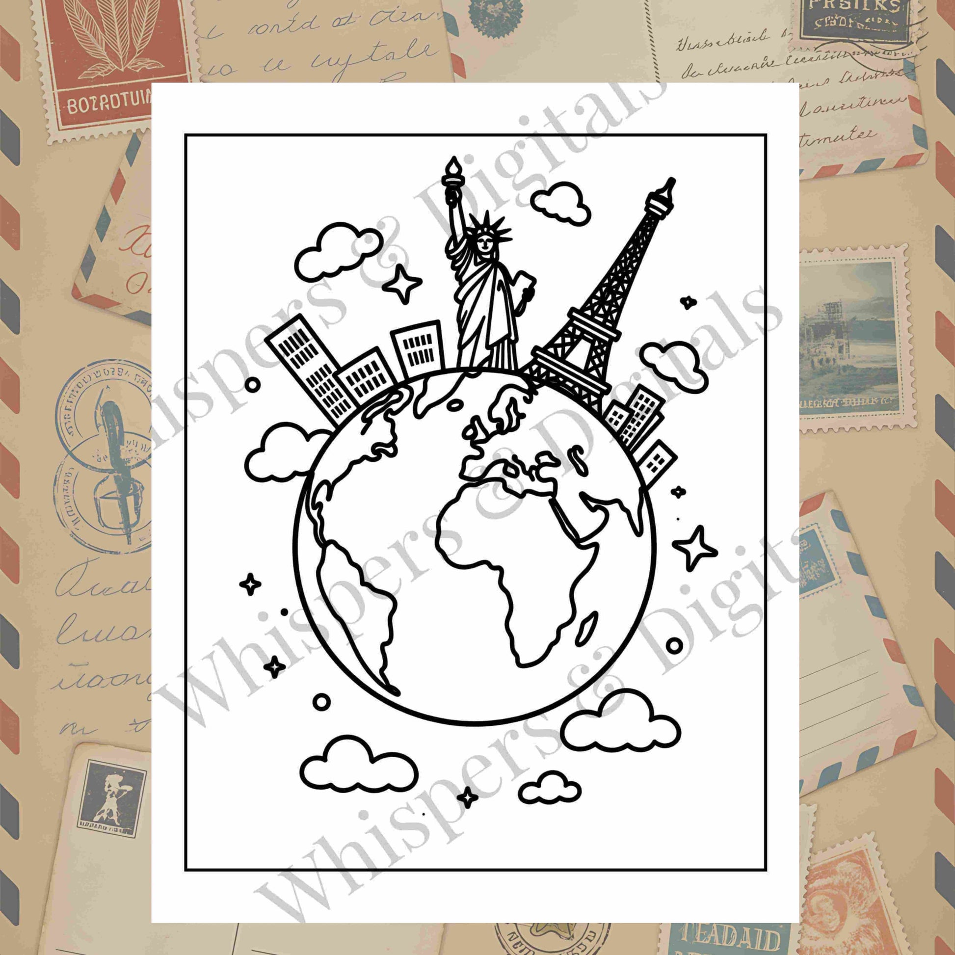 Ten printable travel icon and pattern coloring pages featuring airplanes, luggage, compasses, and travel doodles — digital download for travel lovers