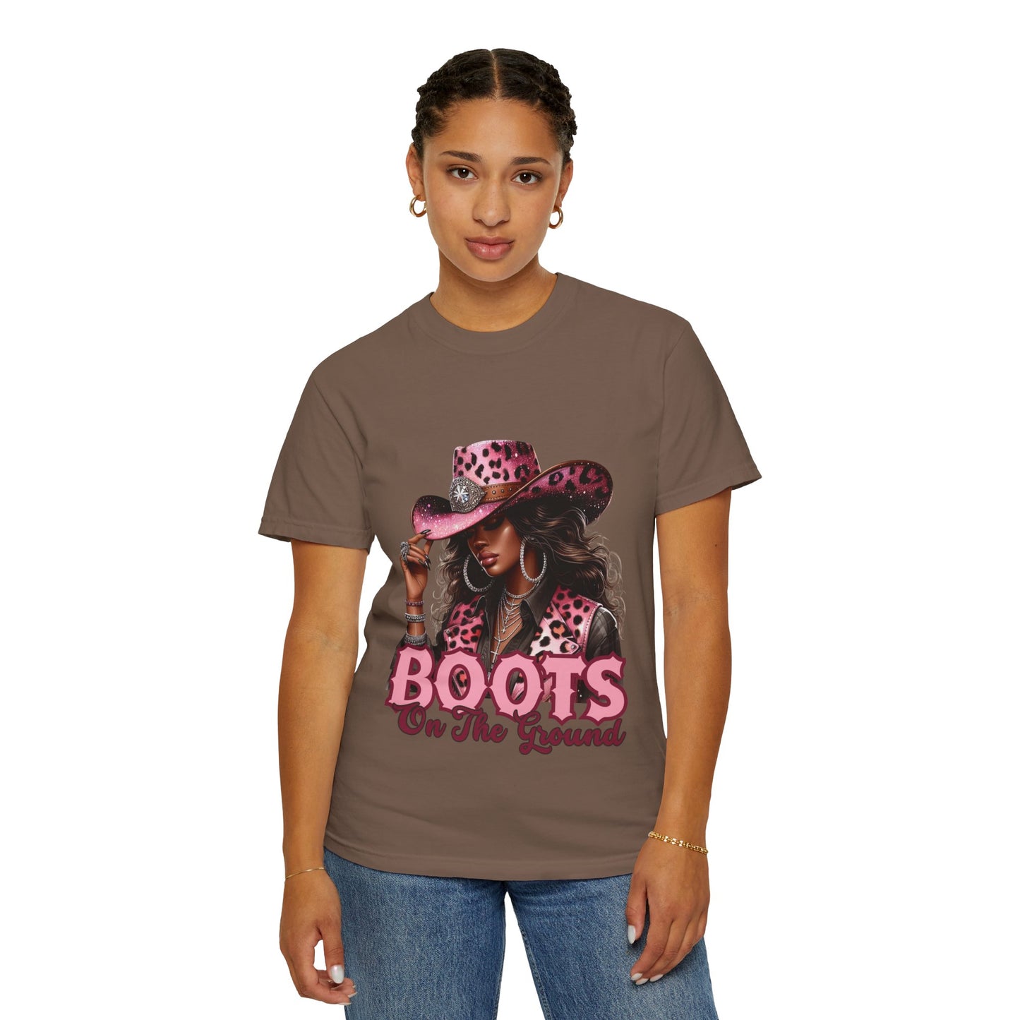 Pink Leopard Cowgirl T-Shirt – “Boots On The Ground” – Western Graphic Tee for Women