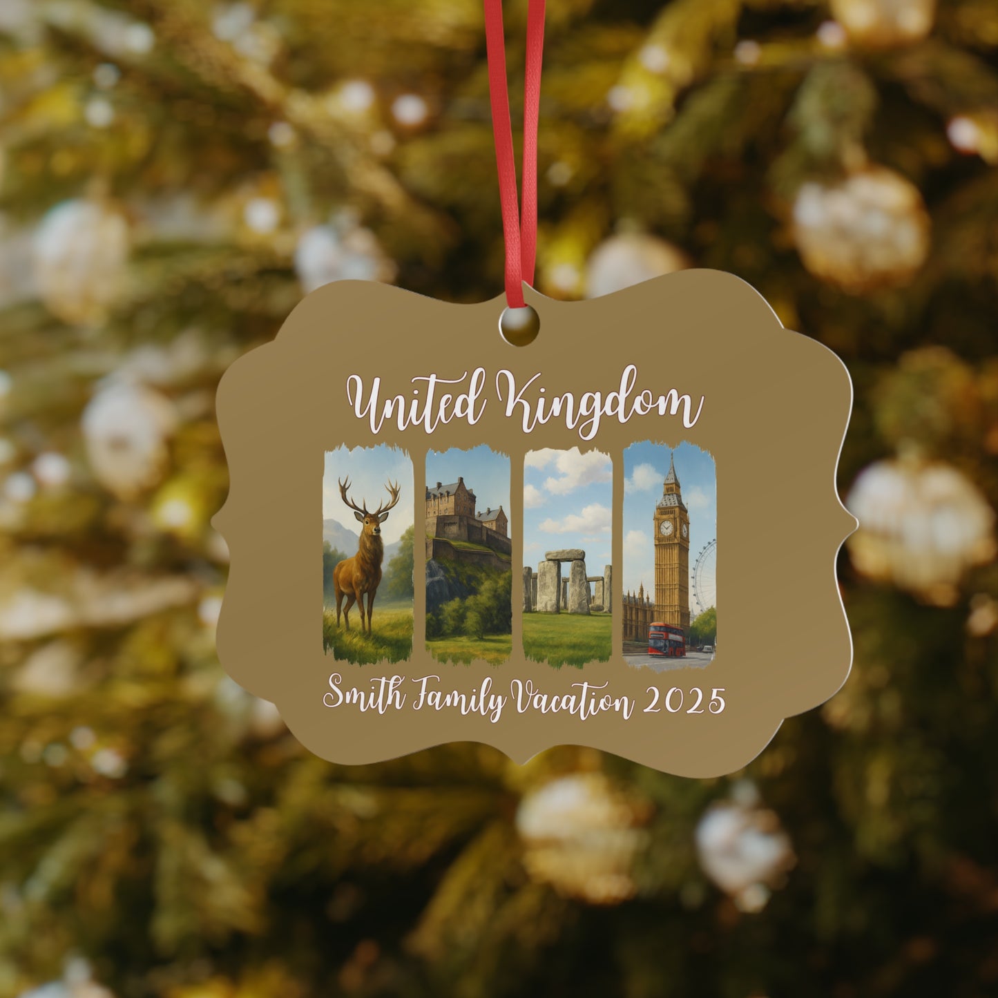 Personalized Aluminum Ornament - Family Vacation Keepsake, Travel Memory Decor, Holiday Tree Ornament, United Kingdom 2025