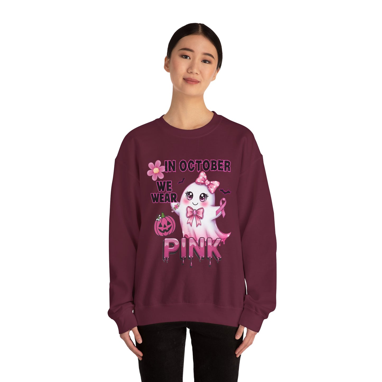 In October We Wear Pink Ghost Sweatshirt Breast Cancer Awareness Halloween Sweater Cute Kawaii Ribbon Gift Cozy Fall Crewneck Pullover