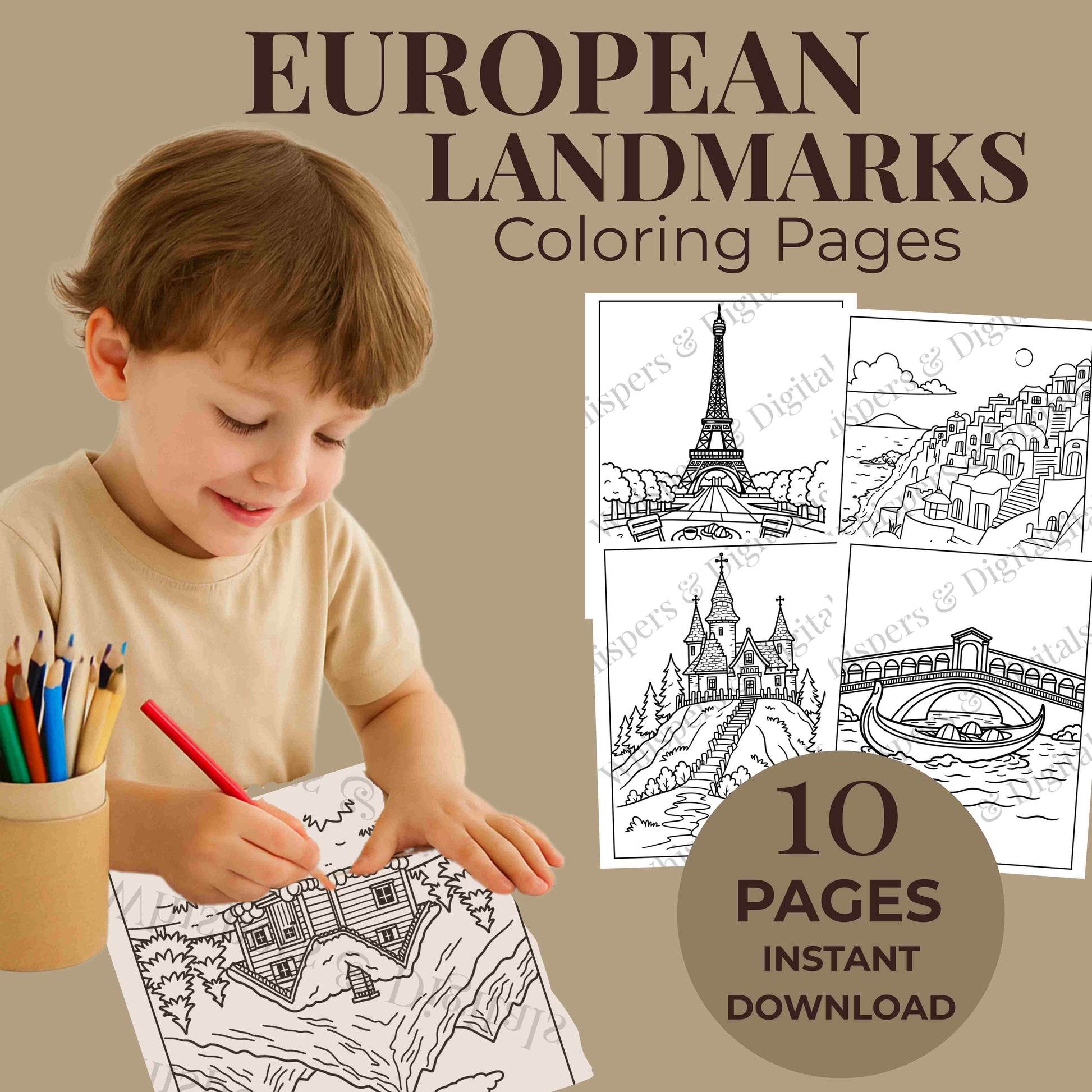 Ten printable European travel-themed coloring pages featuring landmarks, luggage, airplanes, and compass designs — digital download for travel lovers