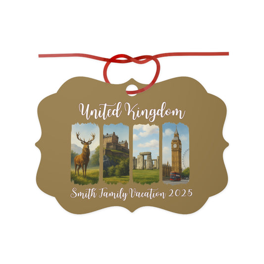 Personalized Aluminum Ornament - Family Vacation Keepsake, Travel Memory Decor, Holiday Tree Ornament, United Kingdom 2025
