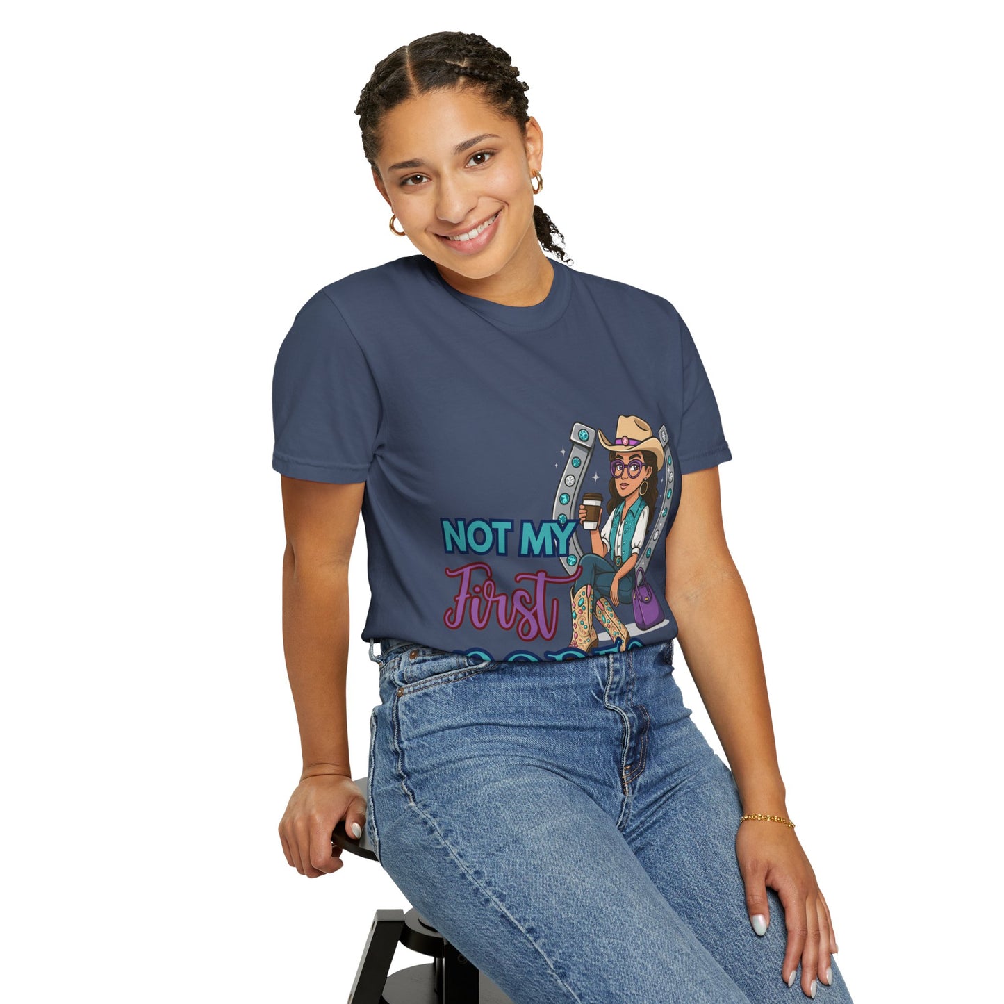 “Not My First Rodeo” Cowgirl Graphic T-Shirt – Western Rodeo Tee for Women with Coffee & Sass