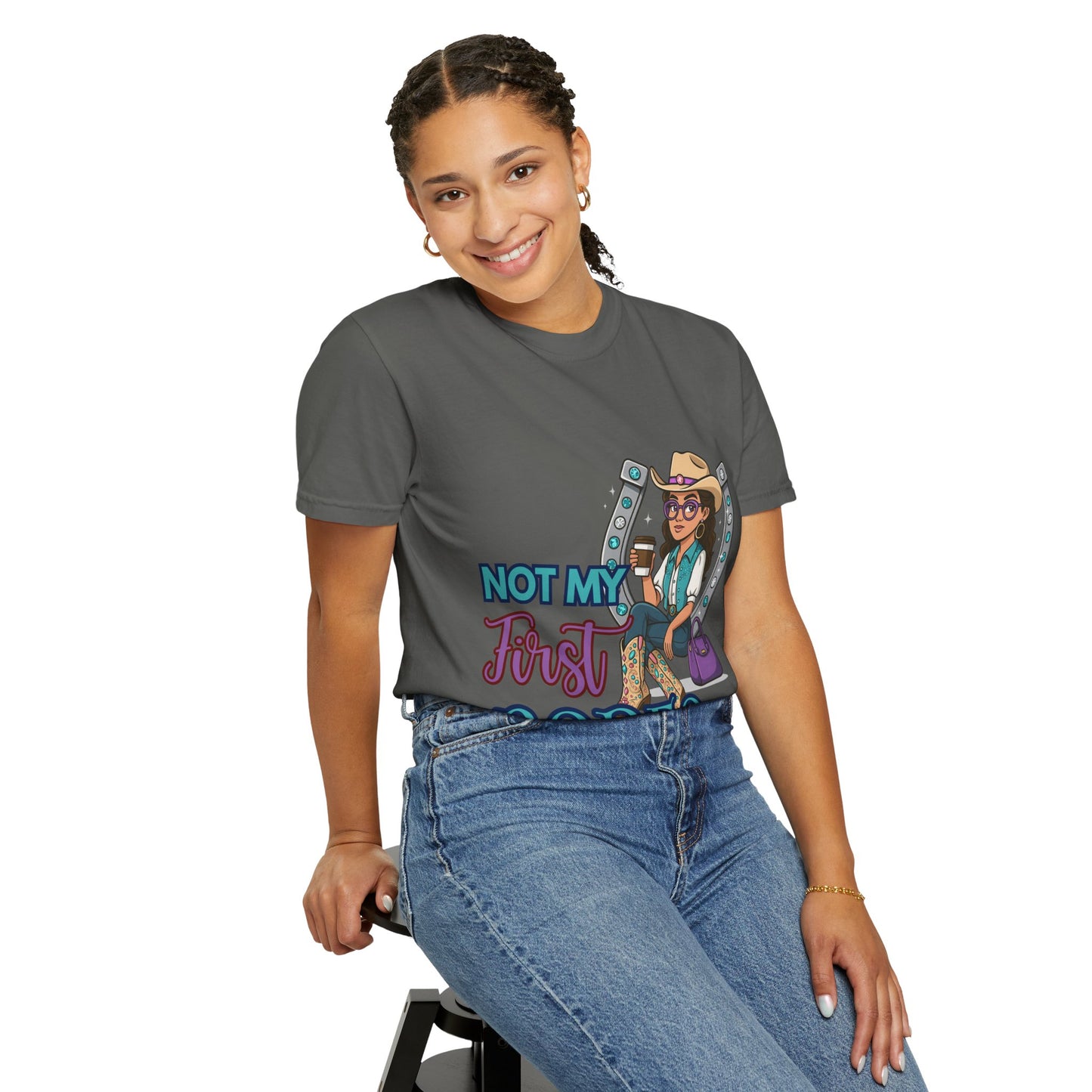 “Not My First Rodeo” Cowgirl Graphic T-Shirt – Western Rodeo Tee for Women with Coffee & Sass