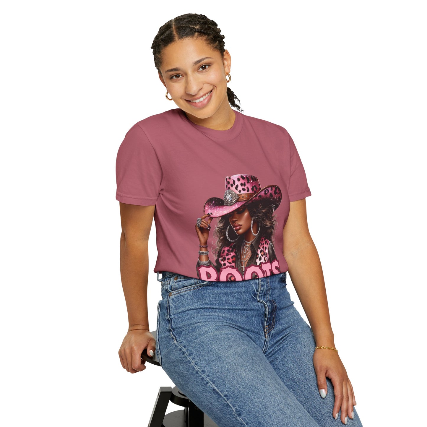 Pink Leopard Cowgirl T-Shirt – “Boots On The Ground” – Western Graphic Tee for Women