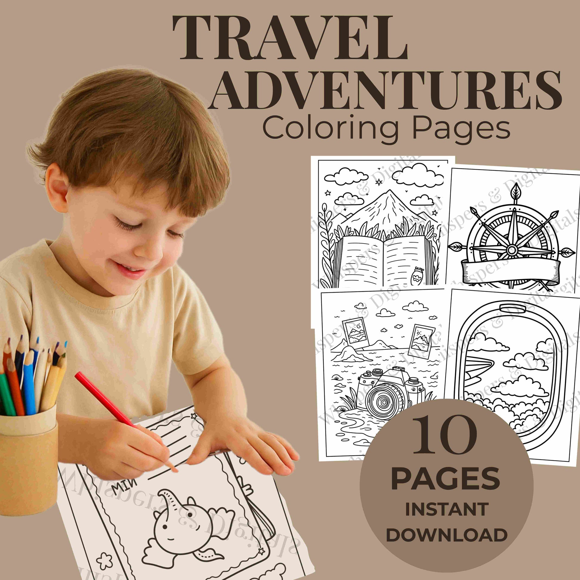 Ten printable travel-themed coloring pages featuring airplanes, luggage, compass, and travel icons — digital download for adults and kids
