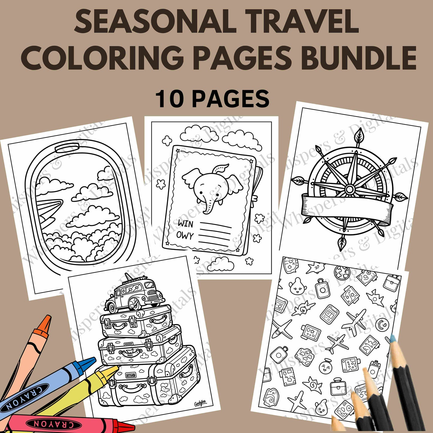 Ten printable seasonal travel-themed coloring pages featuring airplanes, luggage, and compass designs — digital download for adults and kids