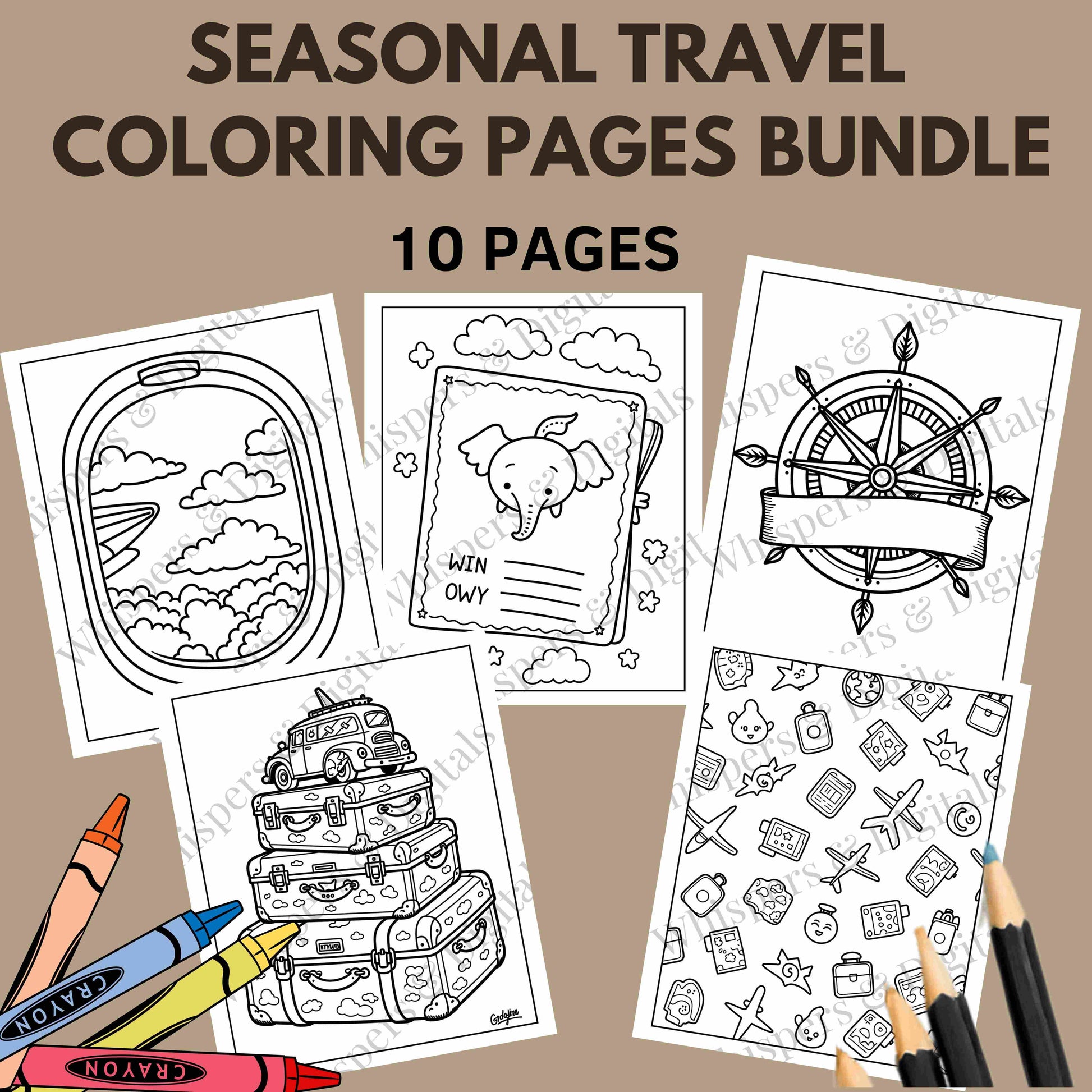 Ten printable seasonal travel-themed coloring pages featuring airplanes, luggage, and compass designs — digital download for adults and kids