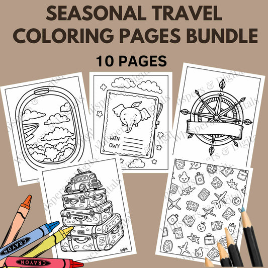 Ten printable seasonal travel-themed coloring pages featuring airplanes, luggage, and compass designs — digital download for adults and kids