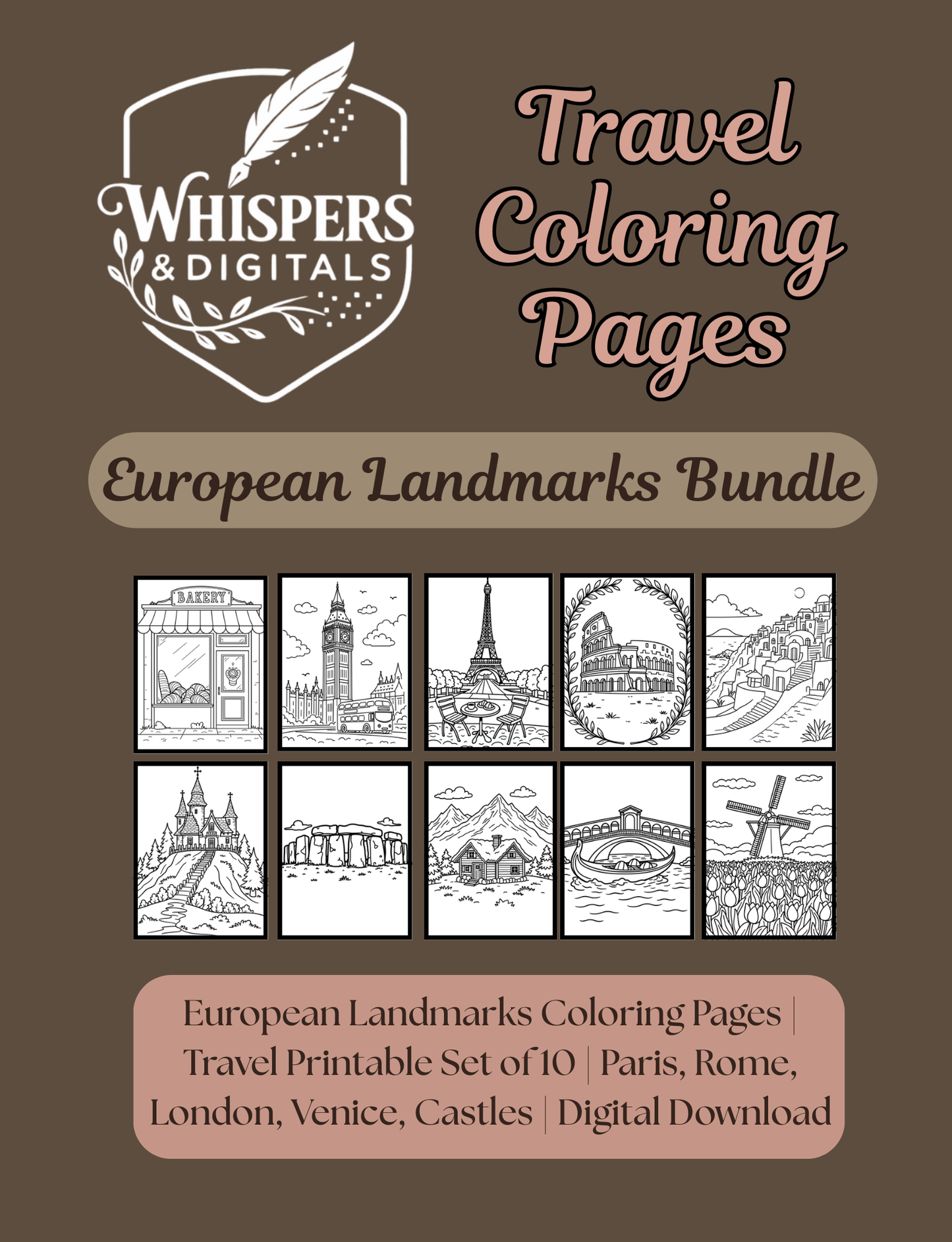 Ten printable European travel-themed coloring pages featuring landmarks, luggage, airplanes, and compass designs — digital download for travel lovers