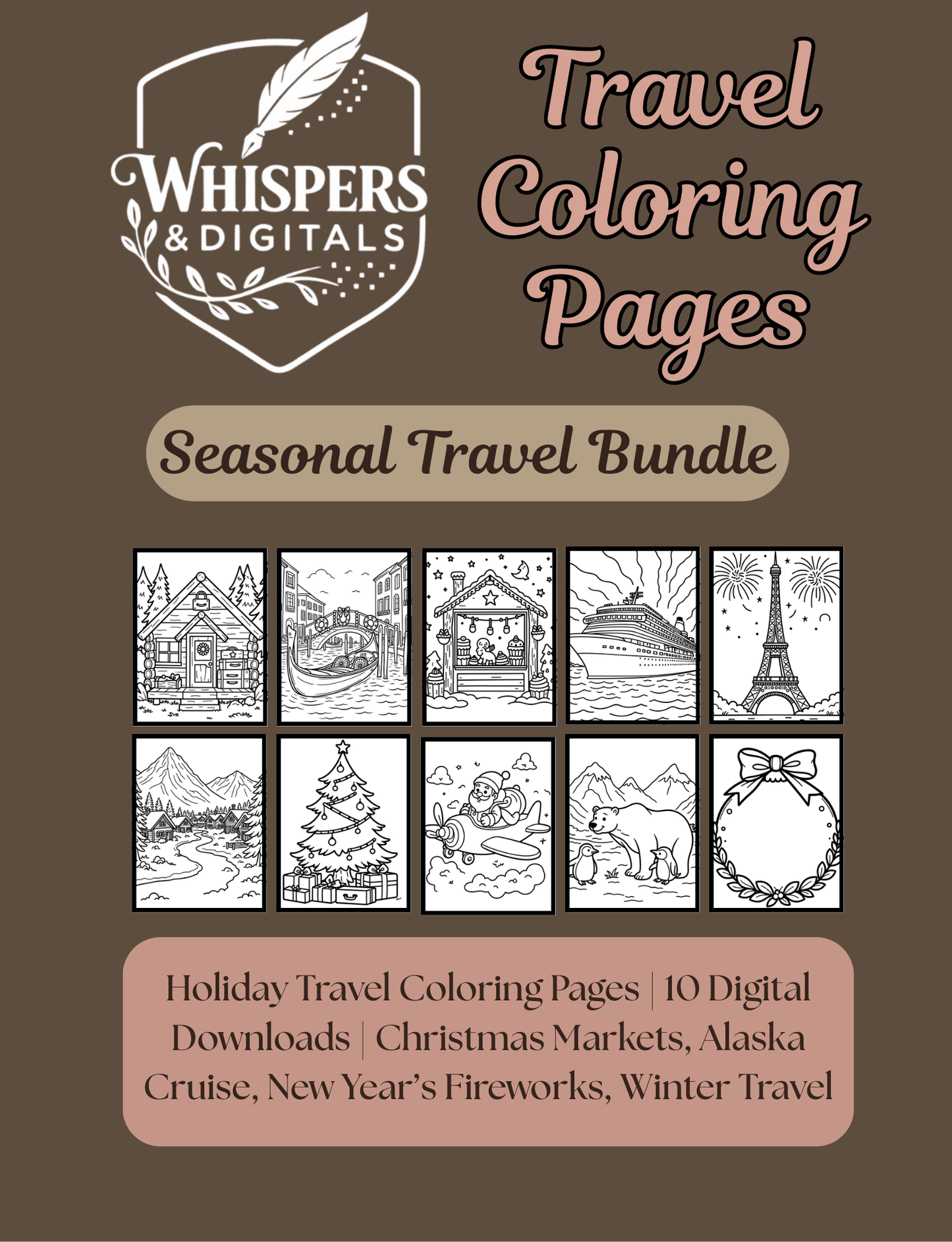 Ten printable seasonal travel-themed coloring pages featuring airplanes, luggage, and compass designs — digital download for adults and kids
