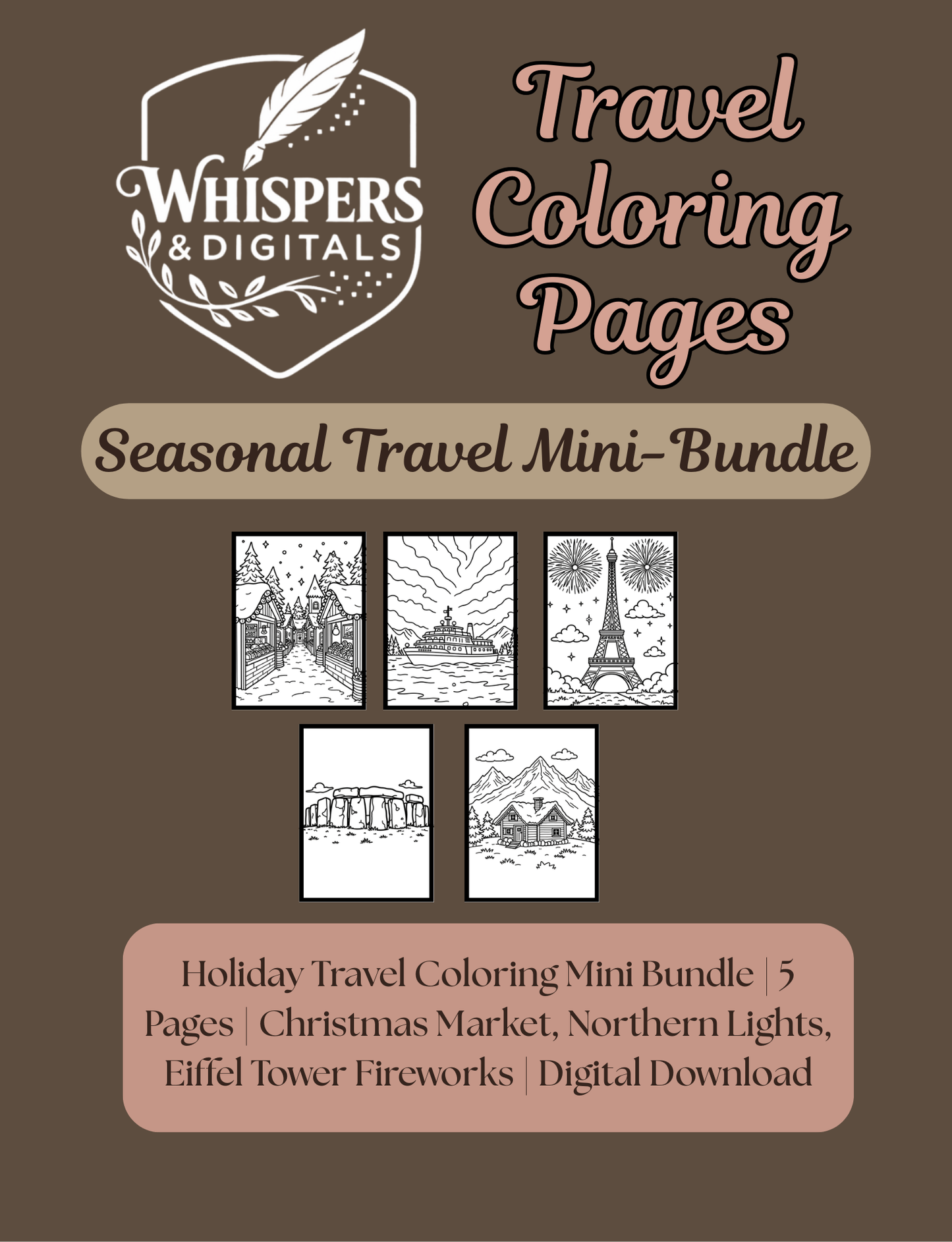Five printable travel-themed coloring pages including Eiffel Tower, cruise ship, winter market, ornament, and cozy terrace scene — digital download mini-bundle