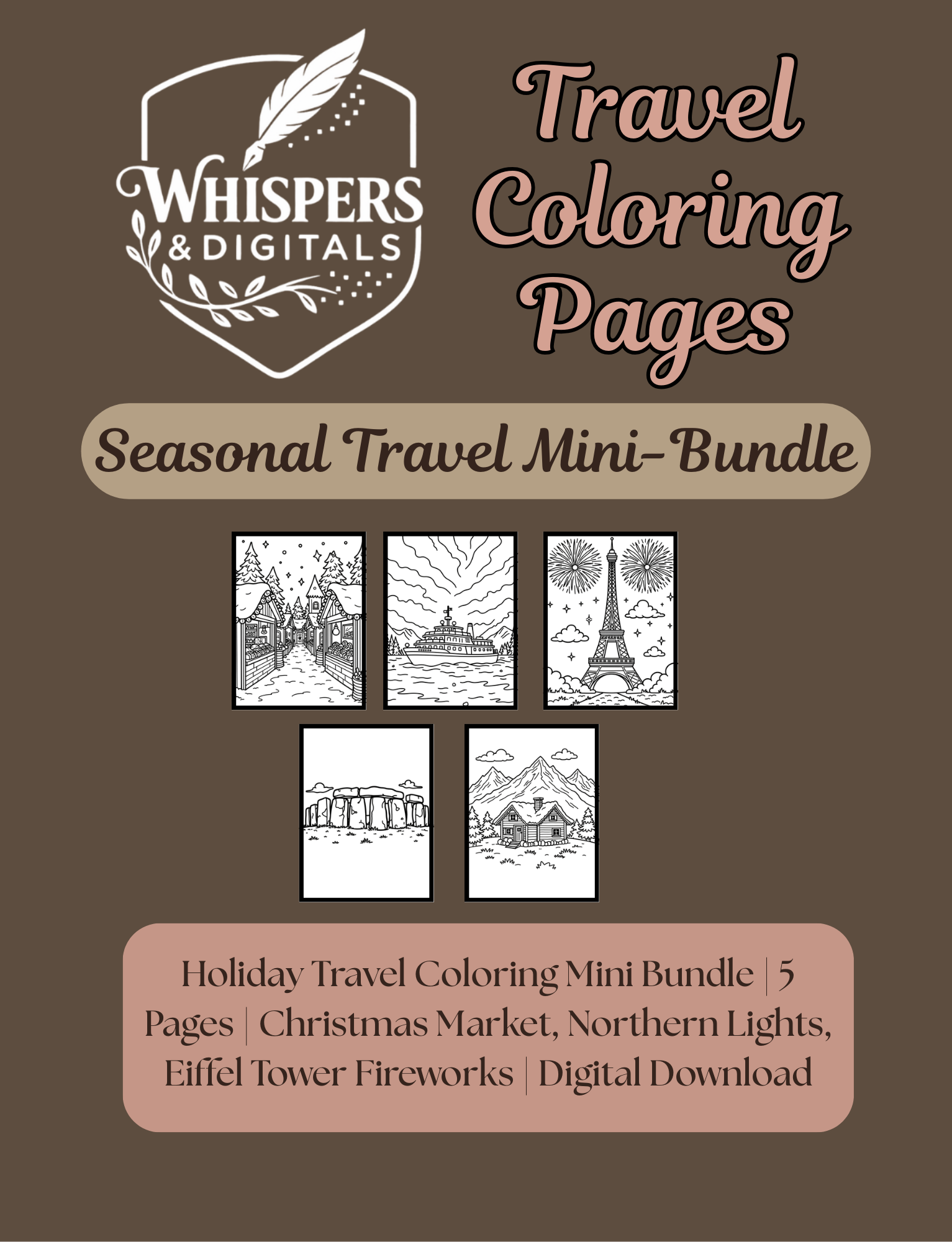 Five printable travel-themed coloring pages including Eiffel Tower, cruise ship, winter market, ornament, and cozy terrace scene — digital download mini-bundle