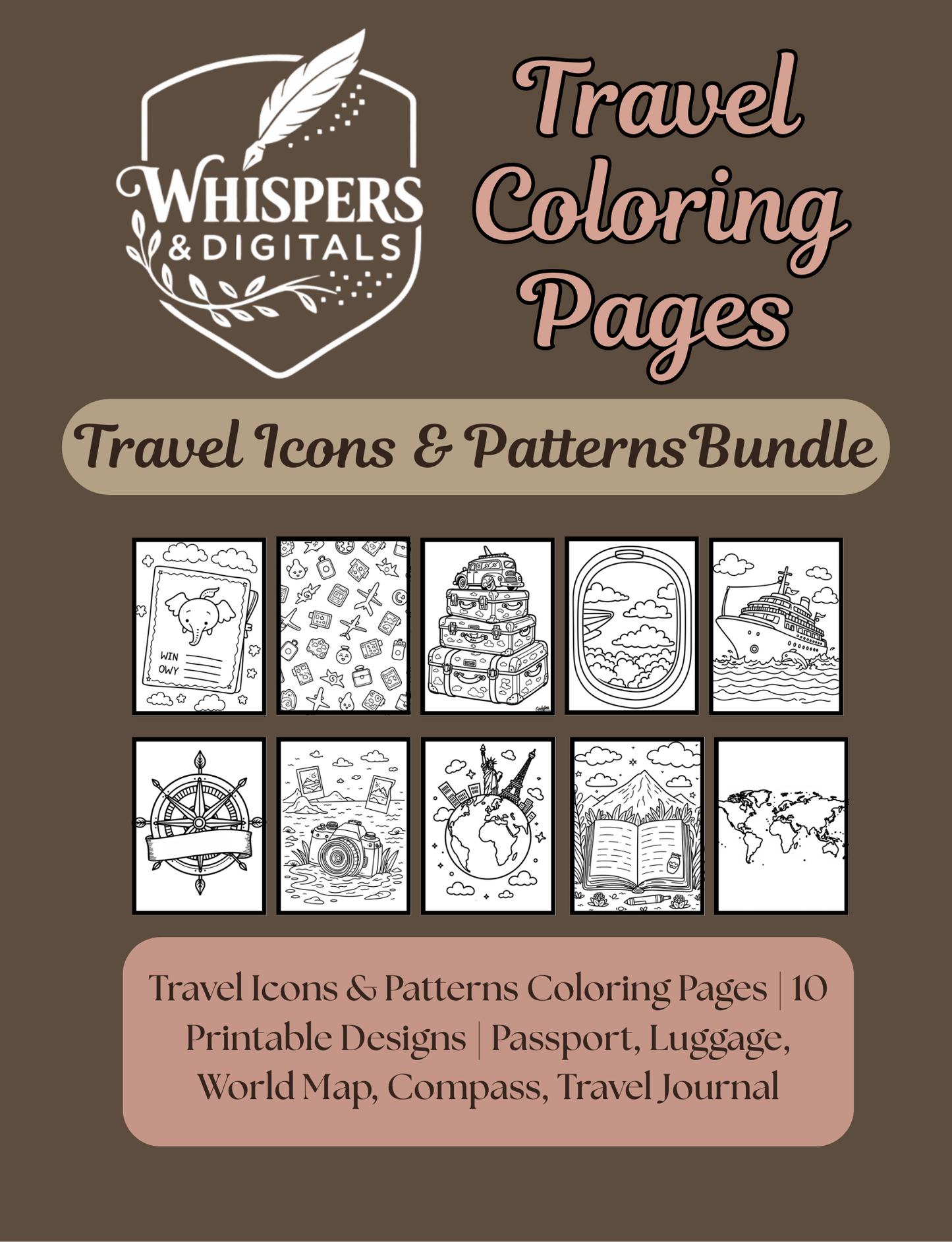 Ten printable travel icon and pattern coloring pages featuring airplanes, luggage, compasses, and travel doodles — digital download for travel lovers