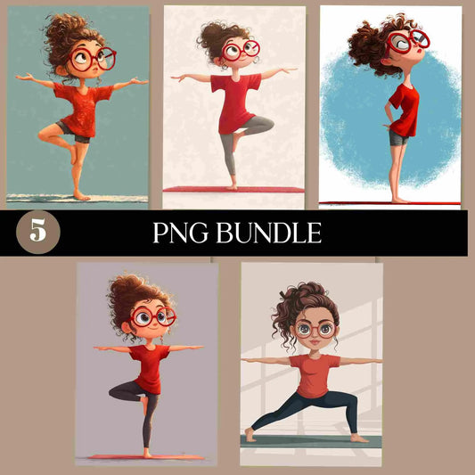 Five cute redhead girls in yoga poses wearing red shirts and glasses, digital PNG bundle for yoga, mindfulness, and sublimation projects