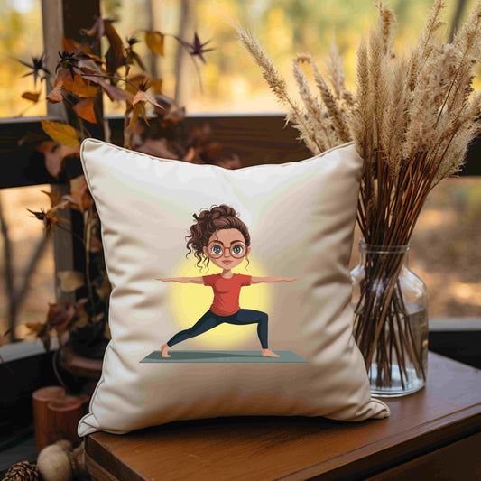 Cute redhead girl in warrior yoga pose wearing red shirt and glasses, digital PNG clipart for mindfulness, sublimation, and yoga decor