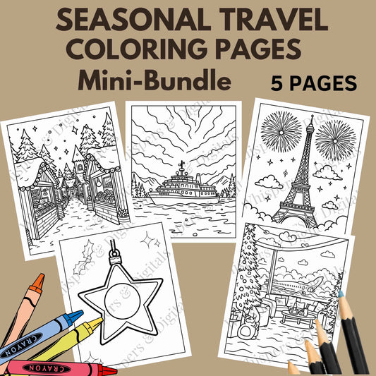 Five printable travel-themed coloring pages including Eiffel Tower, cruise ship, winter market, ornament, and cozy terrace scene — digital download mini-bundle