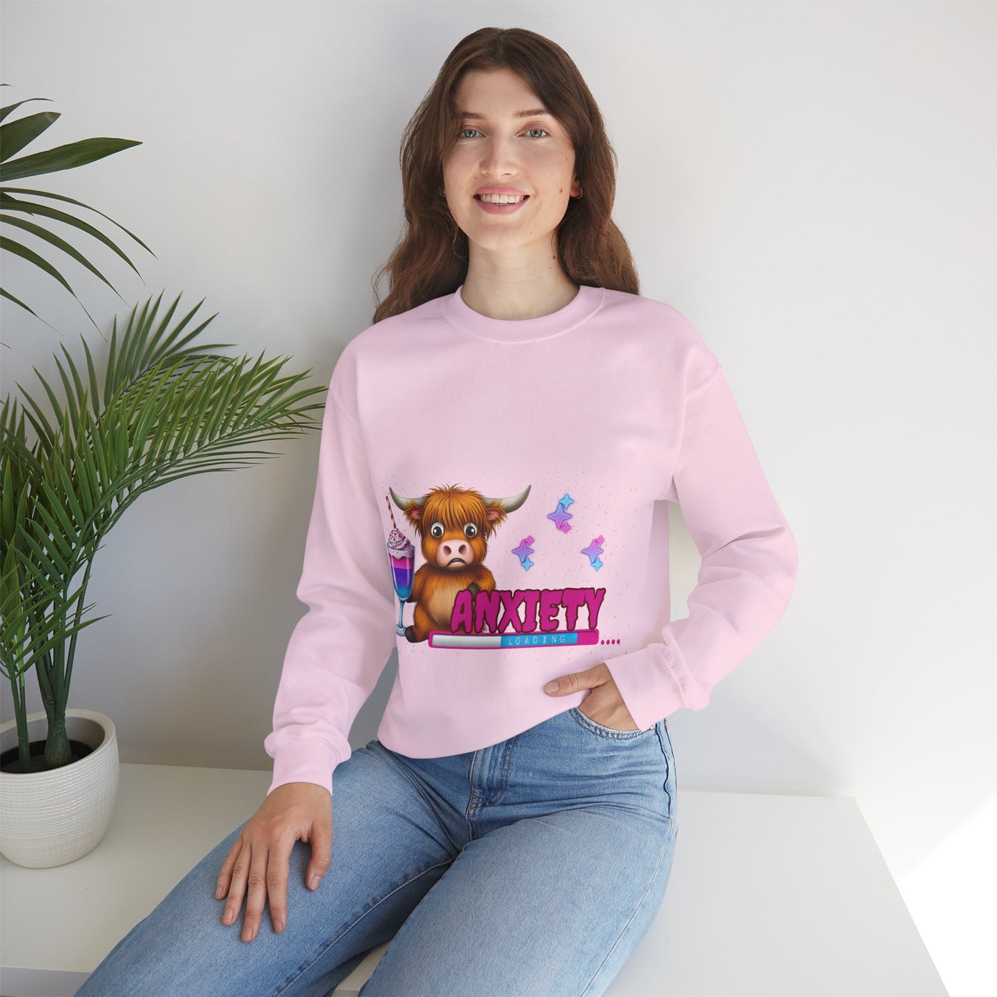 Anxiety Loading Highland Cow Sweatshirt – Funny Bella Canvas Unisex Crewneck