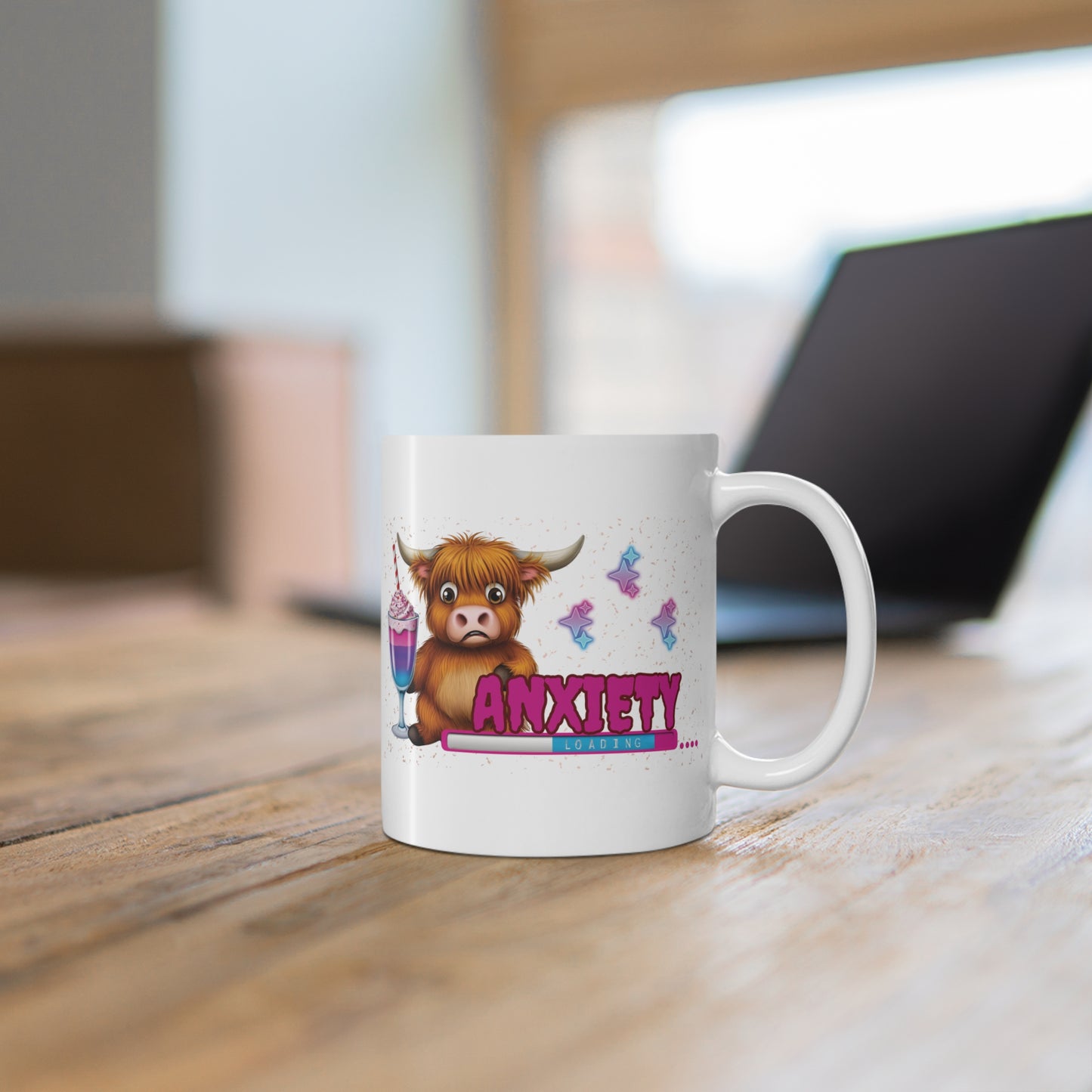 Anxiety Loading Highland Cow Coffee Mug – Funny Mental Health Gift
