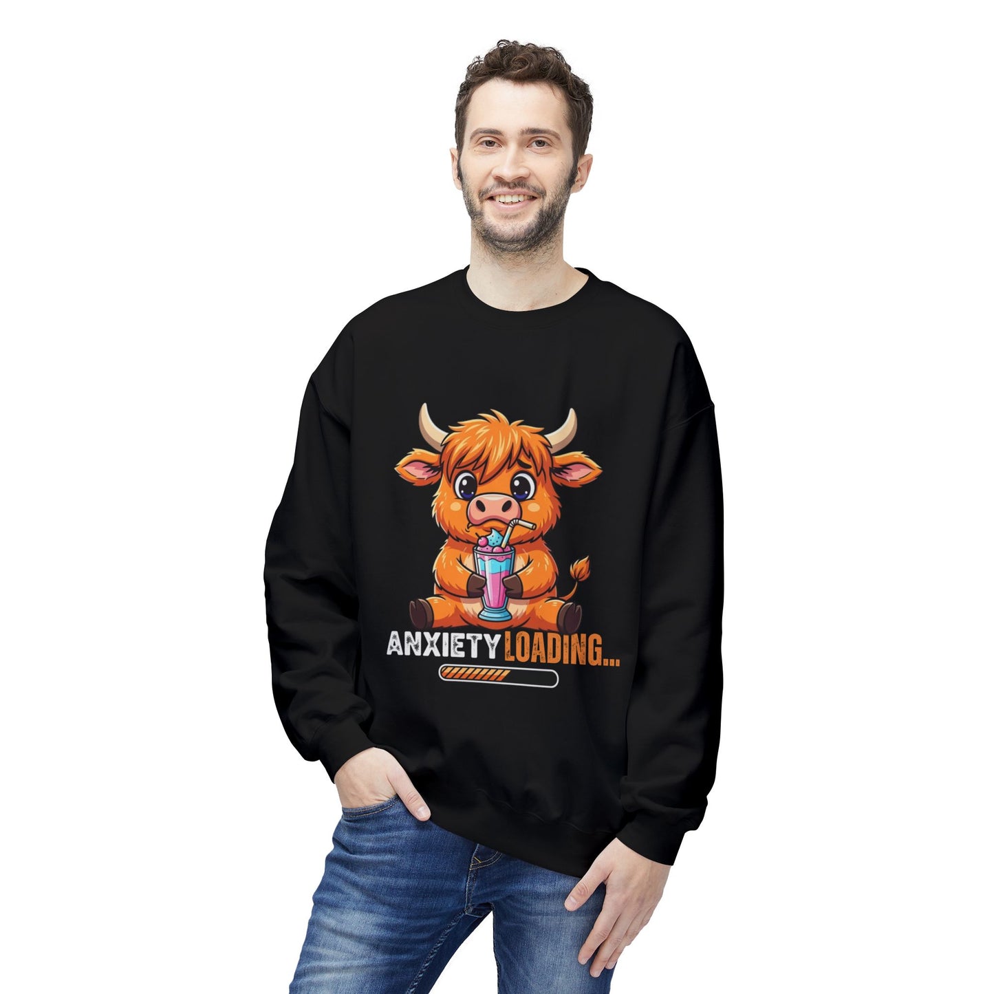 Anxiety Loading Sweatshirt, Cozy Fleece Crewneck, Relaxing Gift, Stress Relief Apparel, Cute Animal Design, Unisex Casual Wear