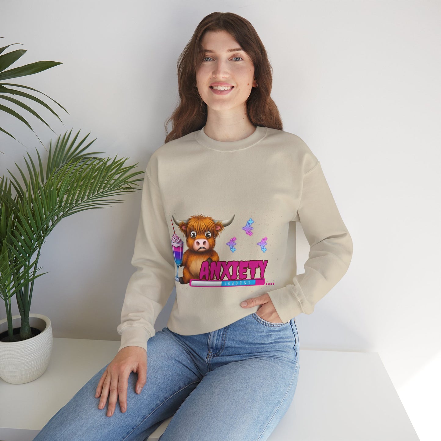 Anxiety Loading Highland Cow Sweatshirt – Funny Bella Canvas Unisex Crewneck