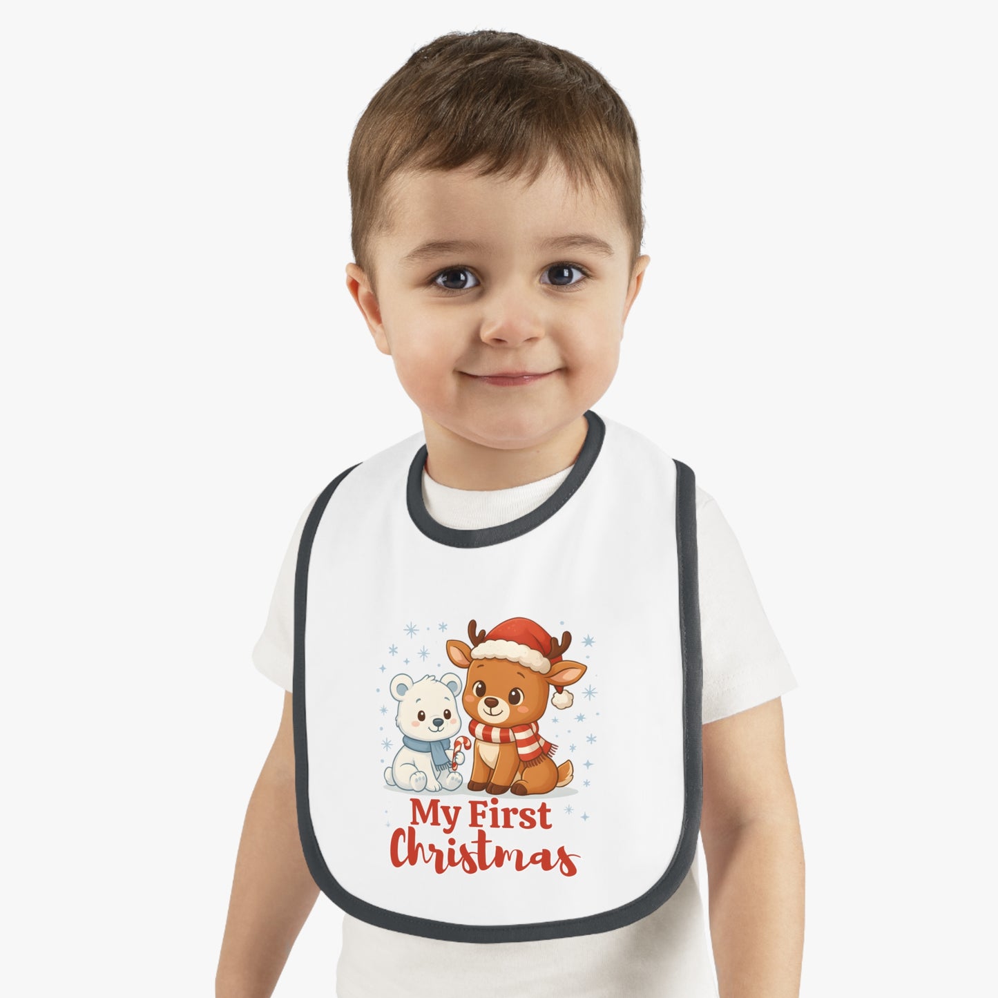 My First Christmas Baby Bib – Reindeer & Polar Bear – Personalized Holiday Bib