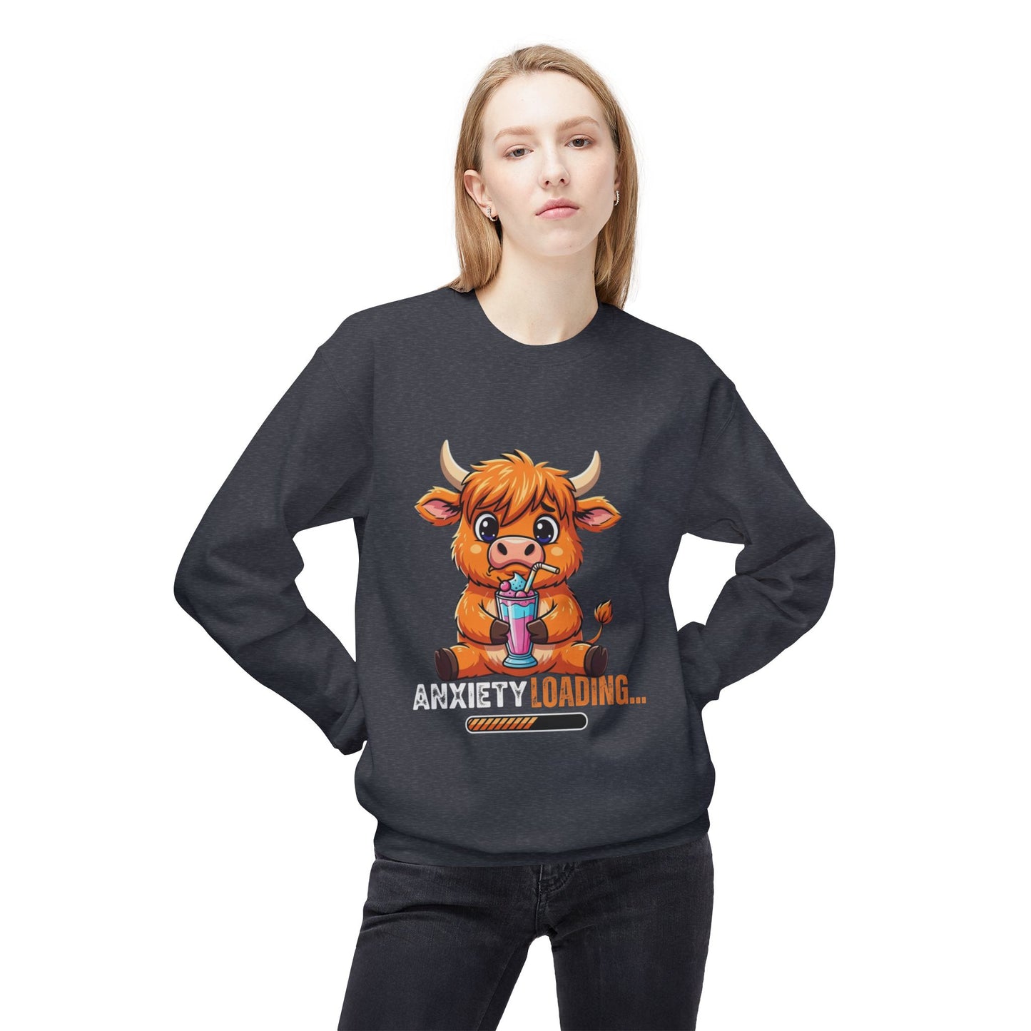 Anxiety Loading Sweatshirt, Cozy Fleece Crewneck, Relaxing Gift, Stress Relief Apparel, Cute Animal Design, Unisex Casual Wear