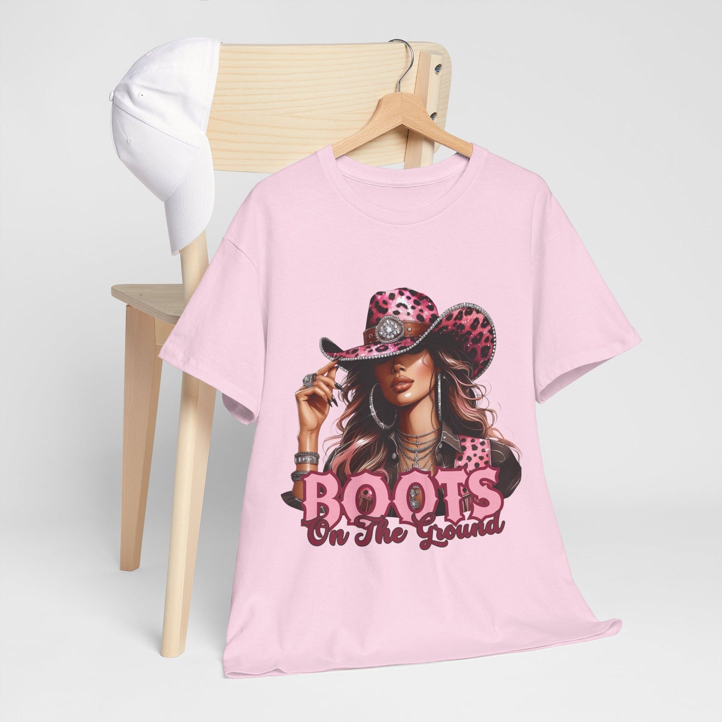 Boots On The Ground Shirt | Western Cowgirl Pink Leopard Hat Graphic Tee
