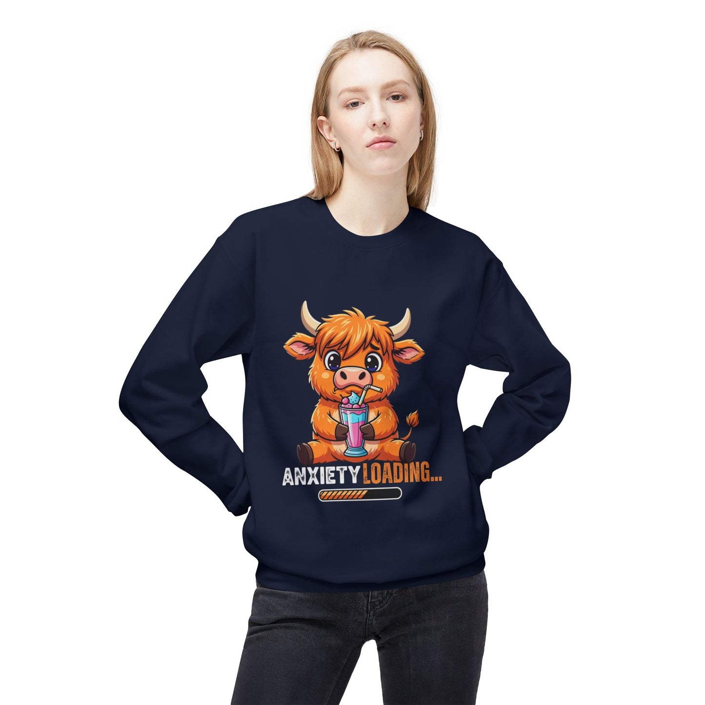 Anxiety Loading Sweatshirt, Cozy Fleece Crewneck, Relaxing Gift, Stress Relief Apparel, Cute Animal Design, Unisex Casual Wear