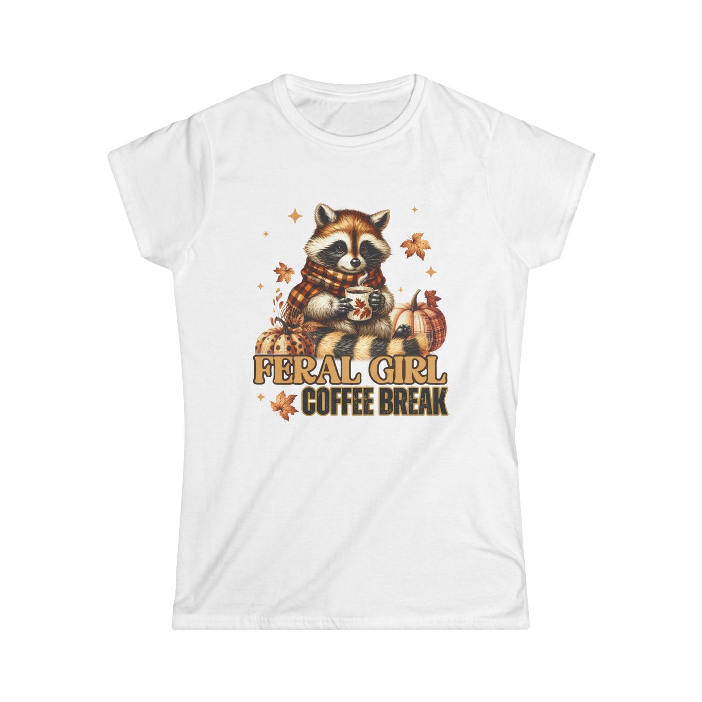 Feral Girl Coffee Break T-Shirt – Cute Fall Raccoon Shirt, Pumpkin Autumn Tee for Coffee Lovers