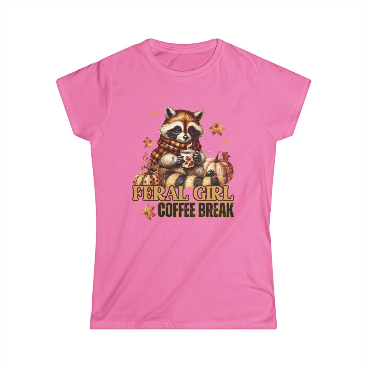 Feral Girl Coffee Break T-Shirt – Cute Fall Raccoon Shirt, Pumpkin Autumn Tee for Coffee Lovers