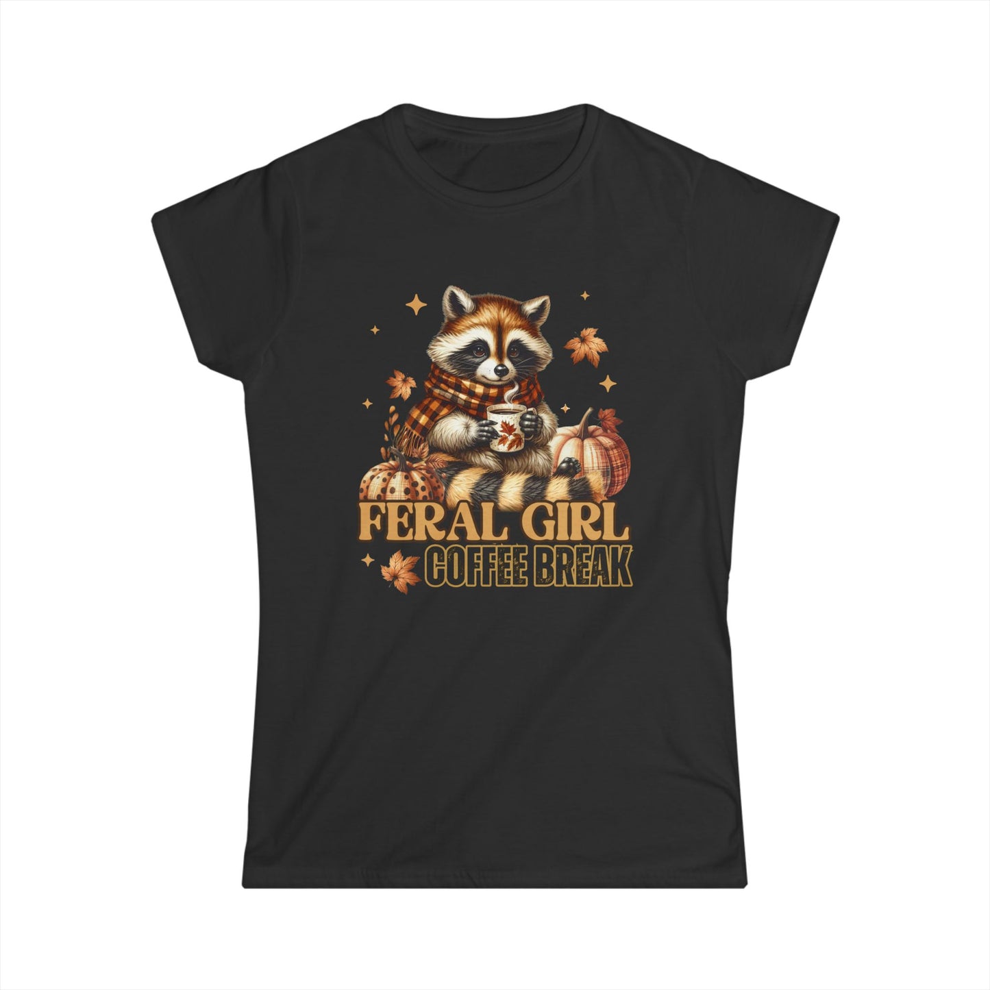 Feral Girl Coffee Break T-Shirt – Cute Fall Raccoon Shirt, Pumpkin Autumn Tee for Coffee Lovers