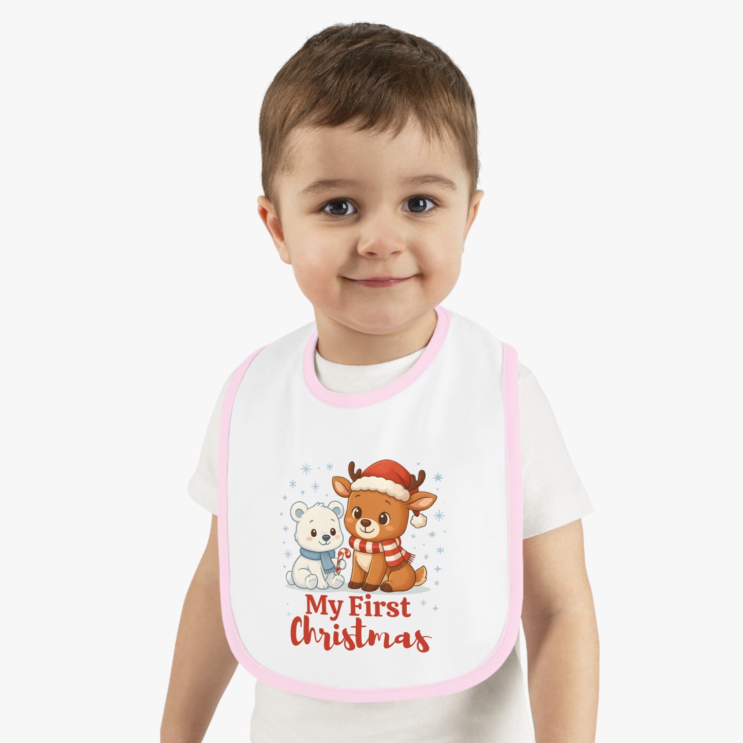 My First Christmas Baby Bib – Reindeer & Polar Bear – Personalized Holiday Bib