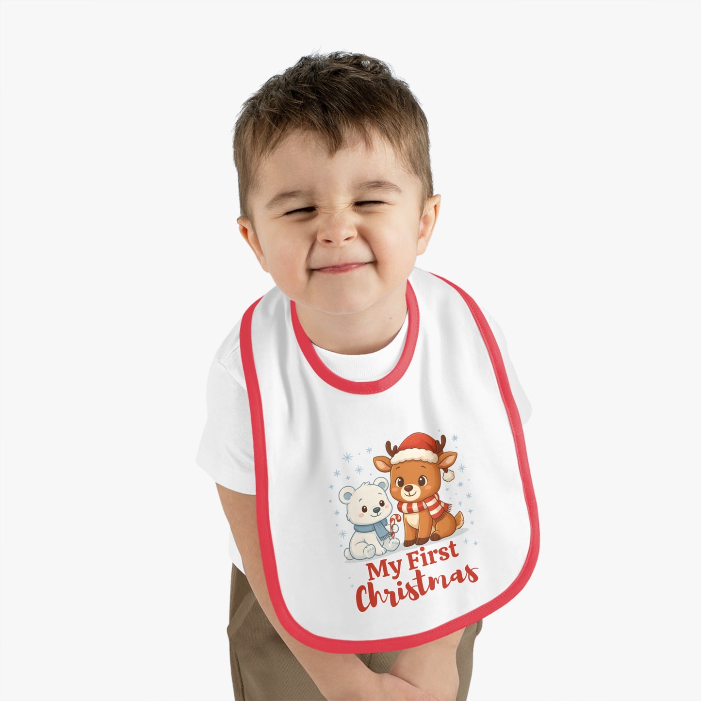 My First Christmas Baby Bib – Reindeer & Polar Bear – Personalized Holiday Bib
