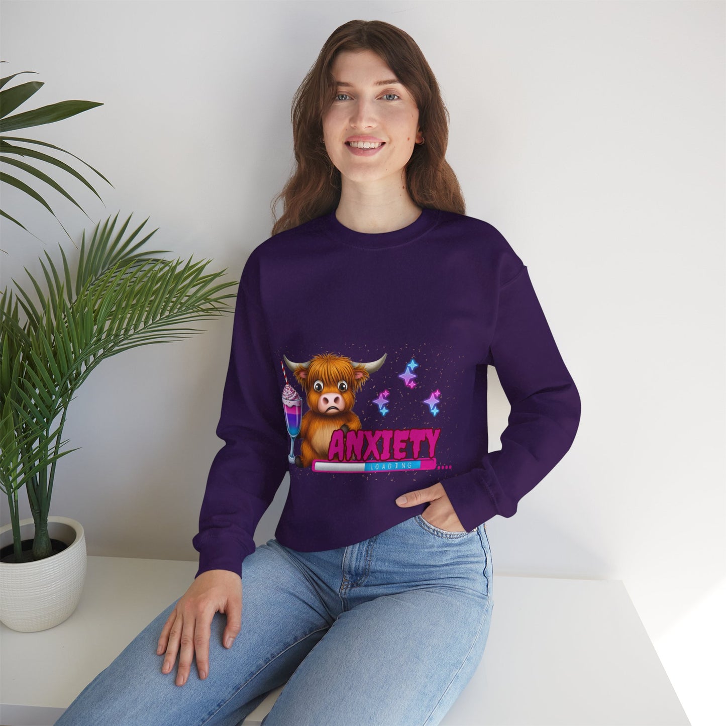 Anxiety Loading Highland Cow Sweatshirt – Funny Bella Canvas Unisex Crewneck