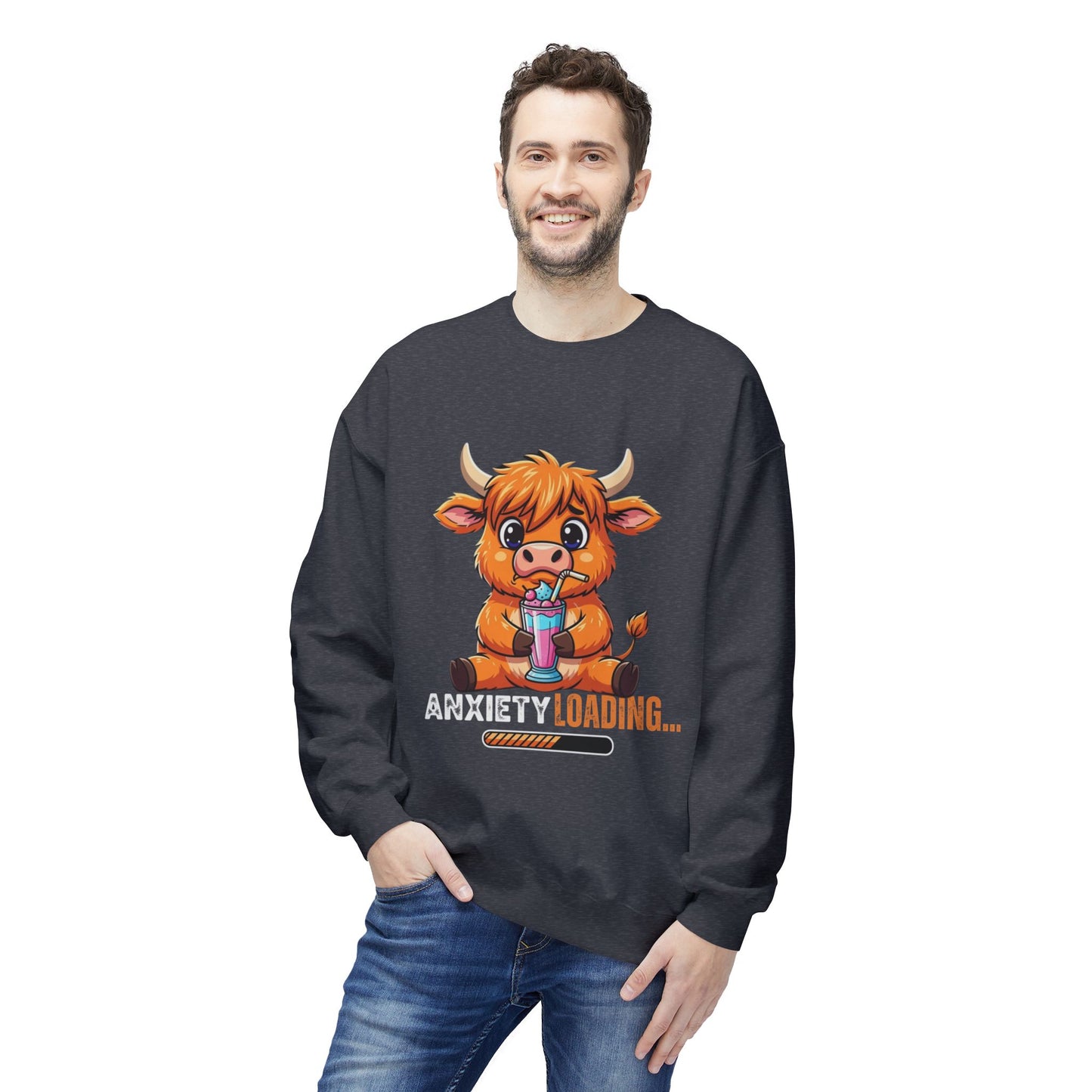 Anxiety Loading Sweatshirt, Cozy Fleece Crewneck, Relaxing Gift, Stress Relief Apparel, Cute Animal Design, Unisex Casual Wear