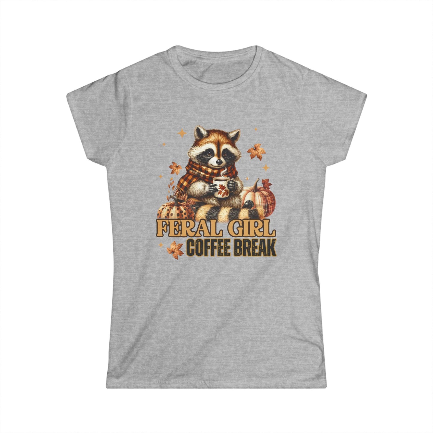 Feral Girl Coffee Break T-Shirt – Cute Fall Raccoon Shirt, Pumpkin Autumn Tee for Coffee Lovers