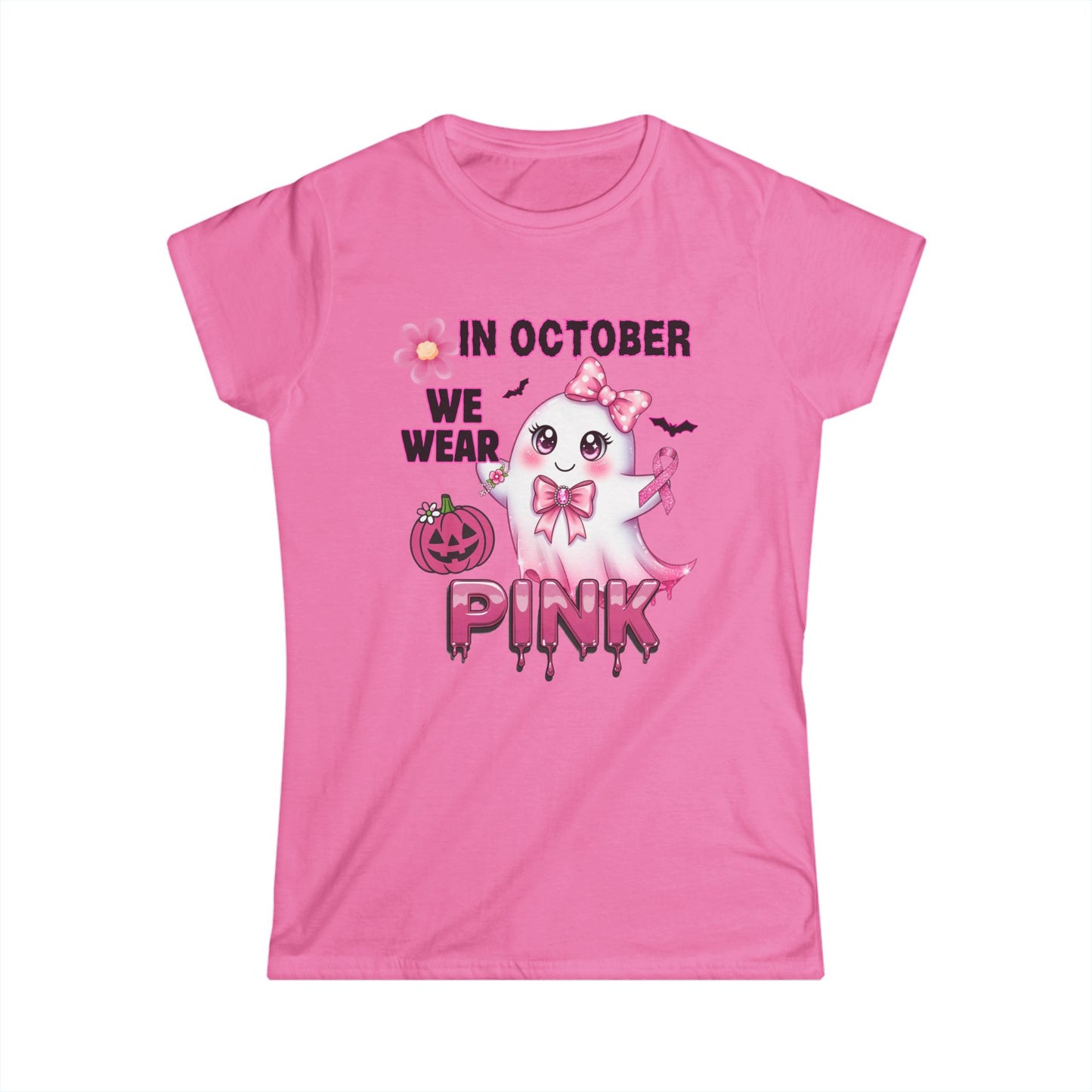 In October We Wear Pink Ghost Shirt Breast Cancer Awareness Halloween Tee Cute Kawaii Spirit Ribbon Support Gift for Her Womens T Shirt