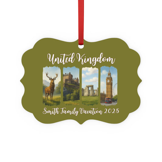 Customized Metal Plaque Ornament, Family Vacation Keepsake, Holiday Decor, United Kingdom Theme, Personalized Gift