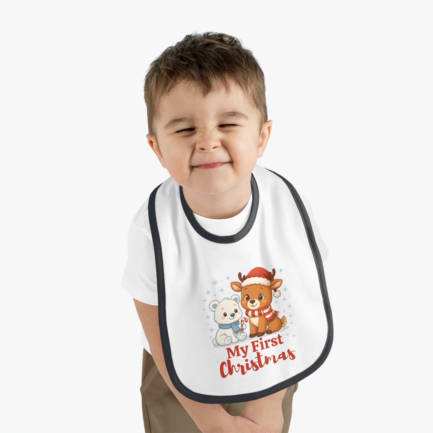 My First Christmas Baby Bib – Reindeer & Polar Bear – Personalized Holiday Bib