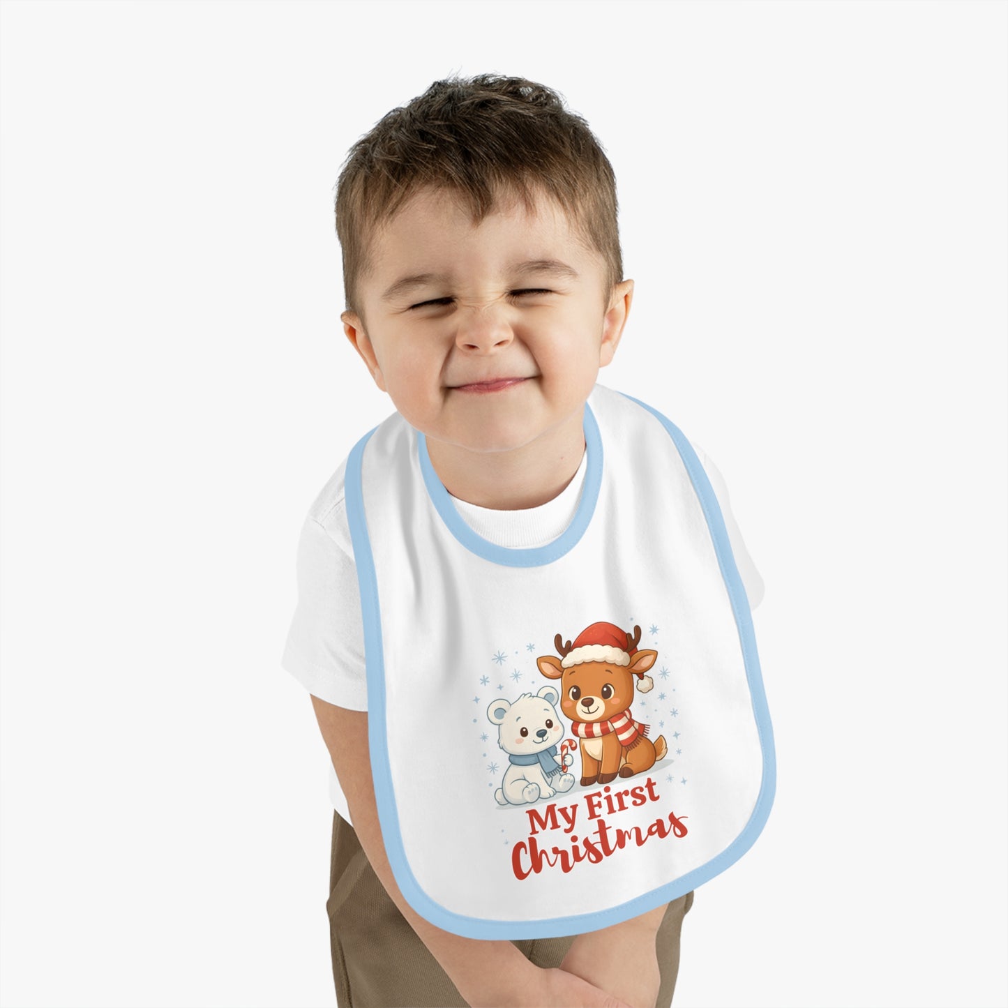 My First Christmas Baby Bib – Reindeer & Polar Bear – Personalized Holiday Bib